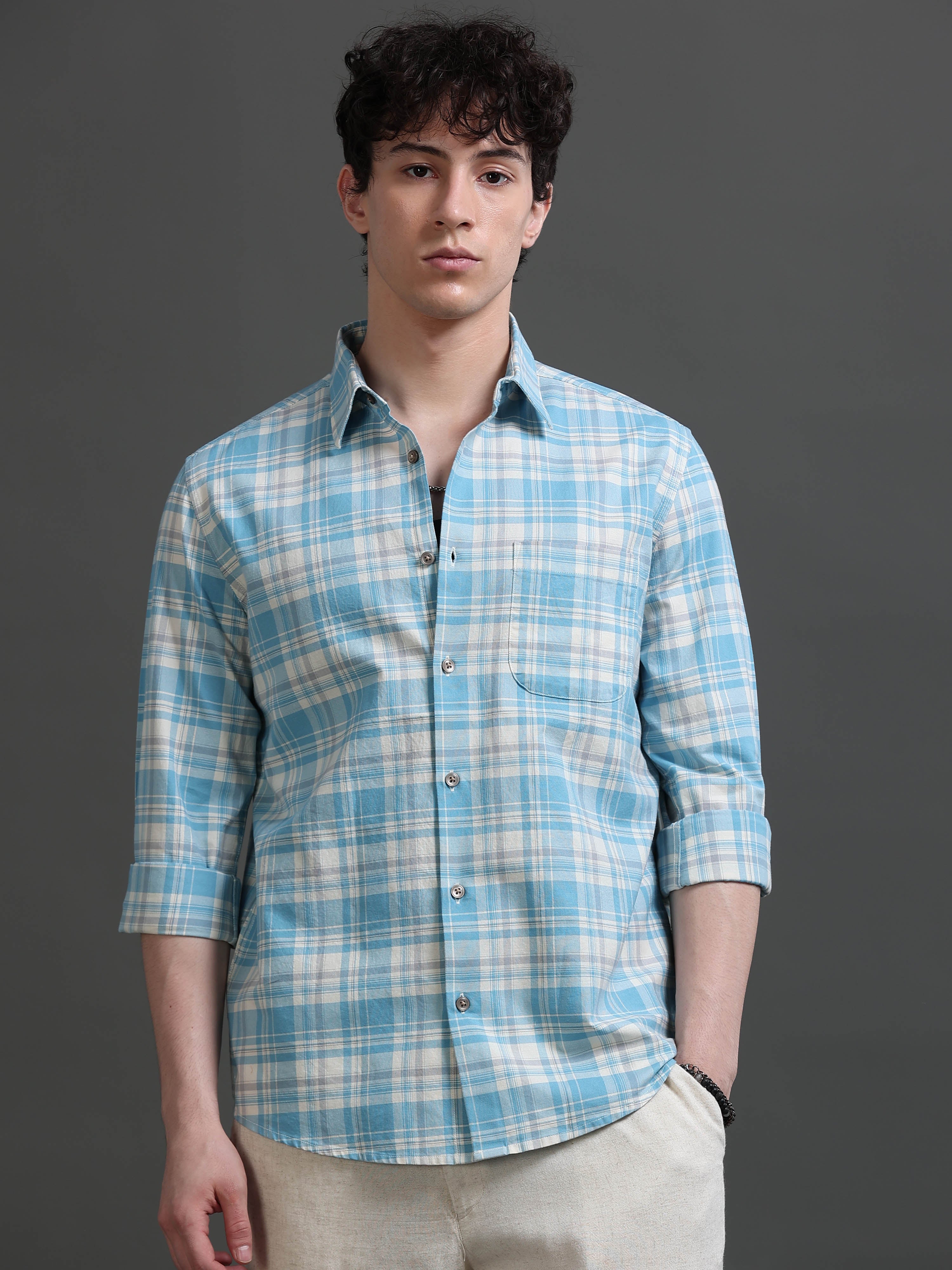 Men Blue Check Shirt