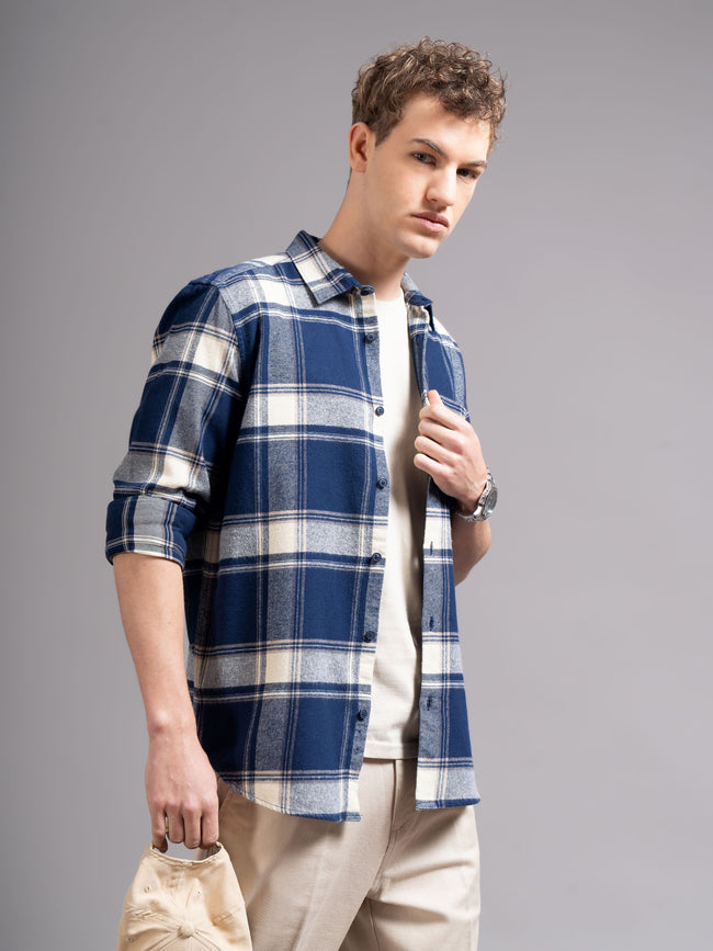 Men Navy Blue Flannel Checked Shirt