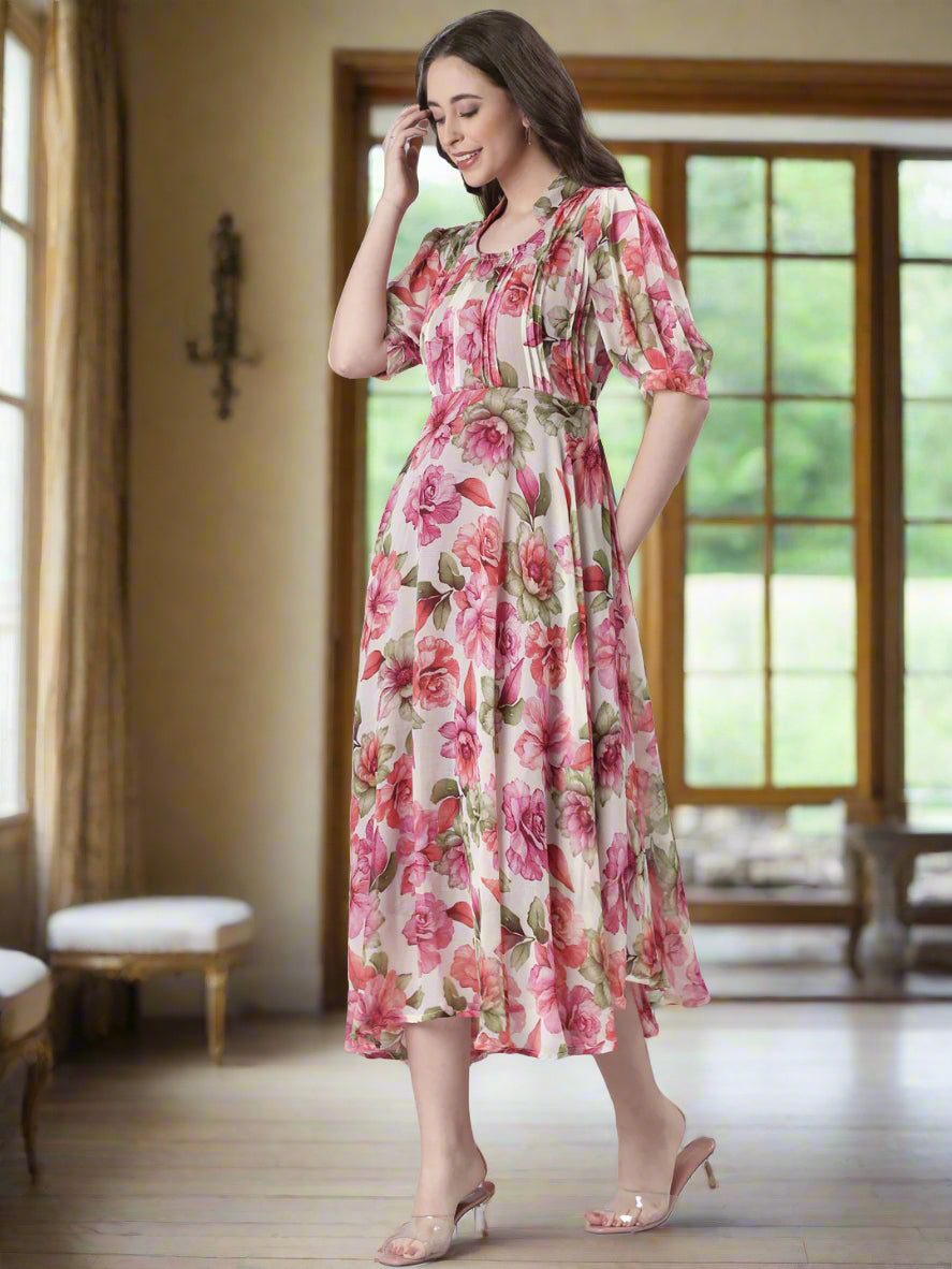 Women Cream Floral Chiffon Dress