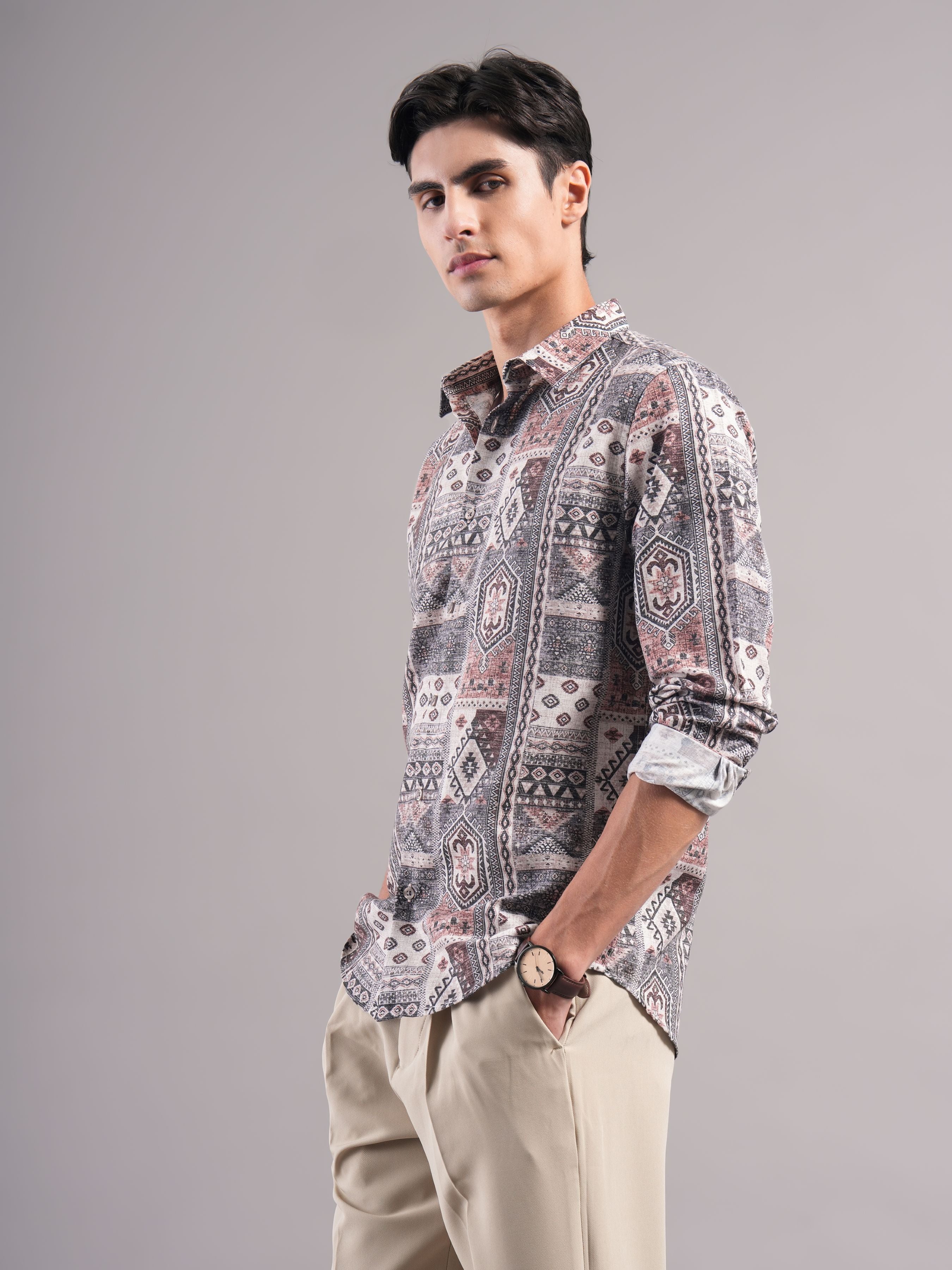 Men Grey Printed Casual Shirt