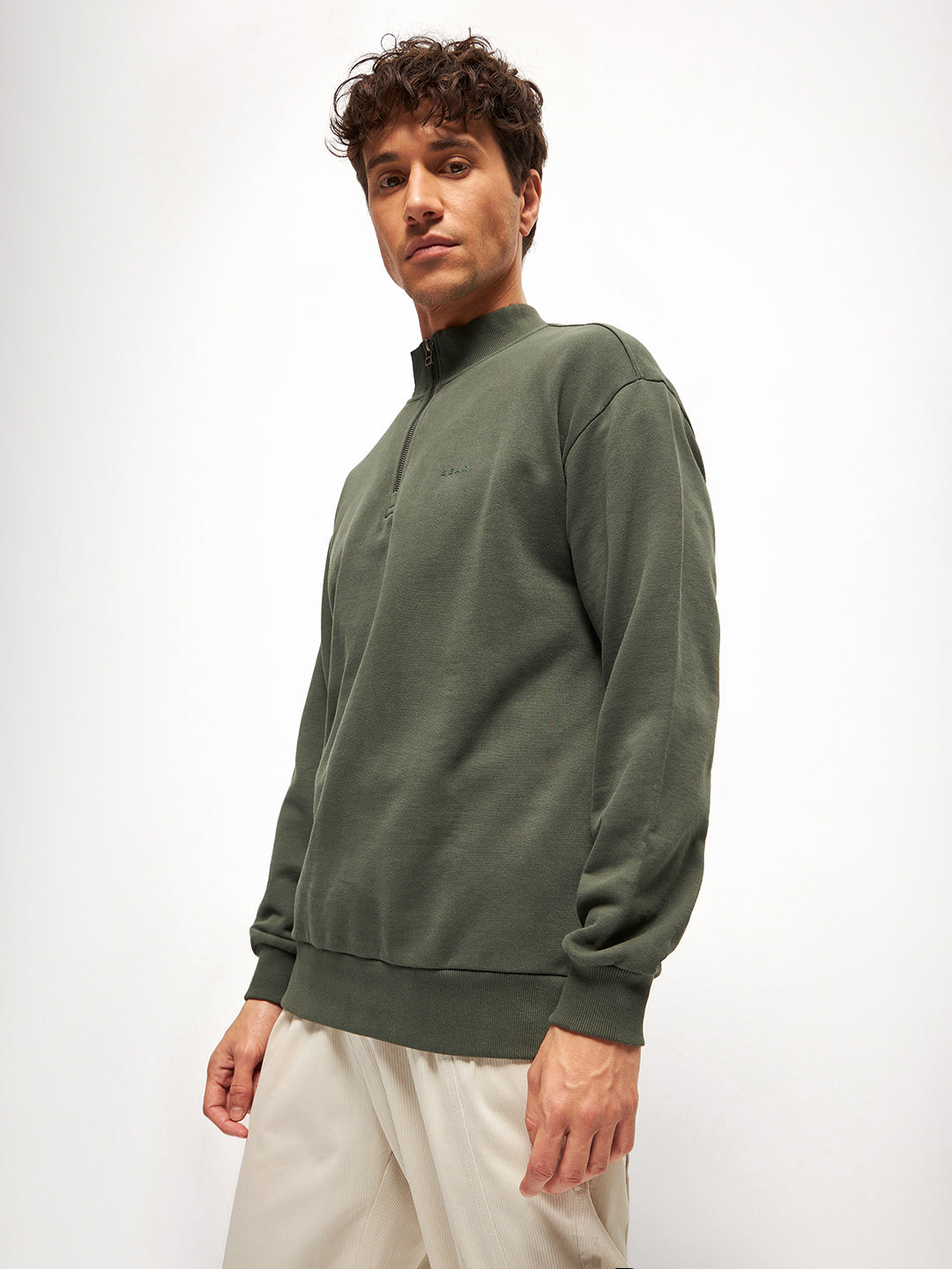 Men Olive Solid Relax Fit High Neck Sweatshirt