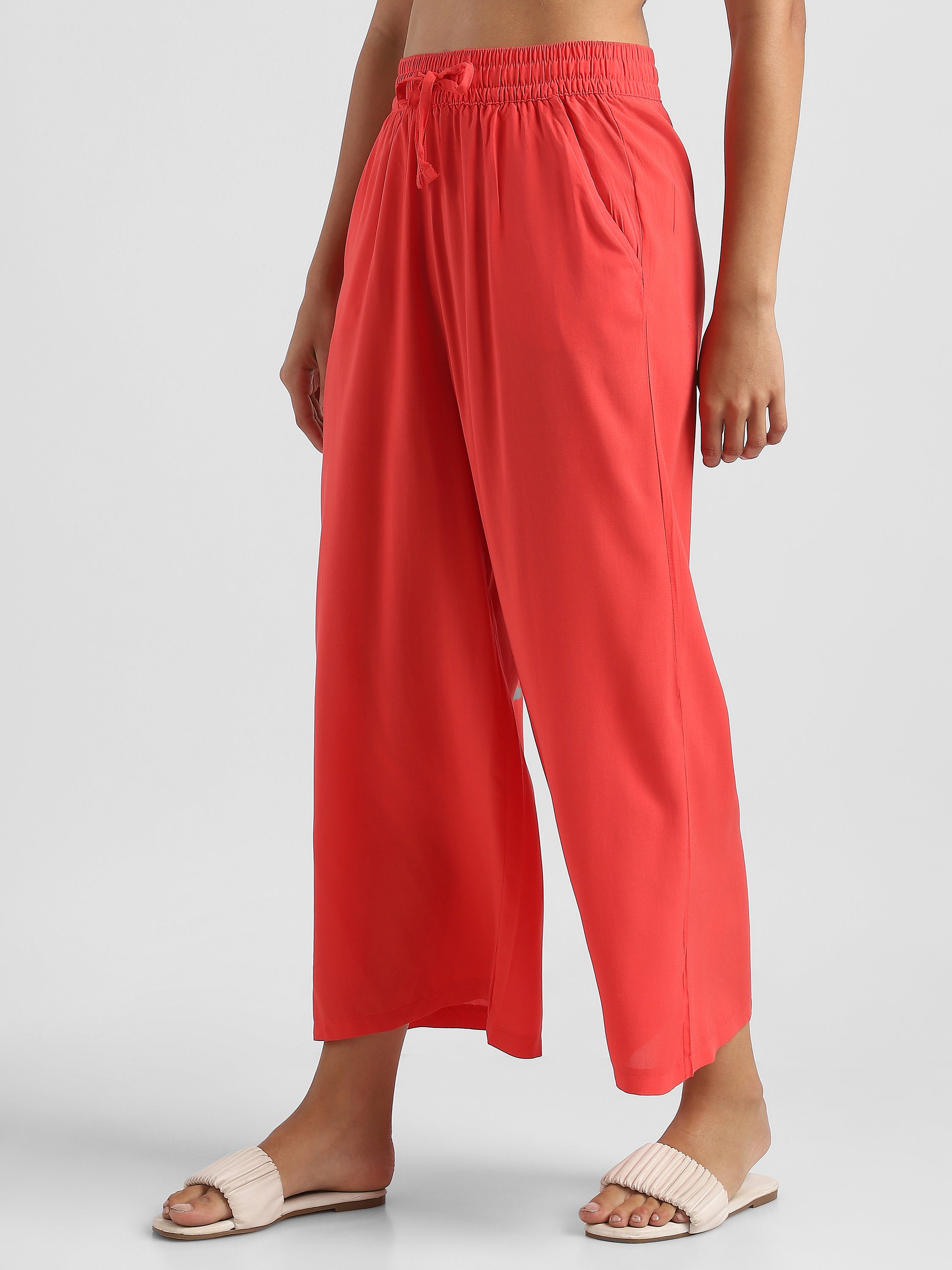 Women Red Flowy Wide-Leg Pants with Drawstring