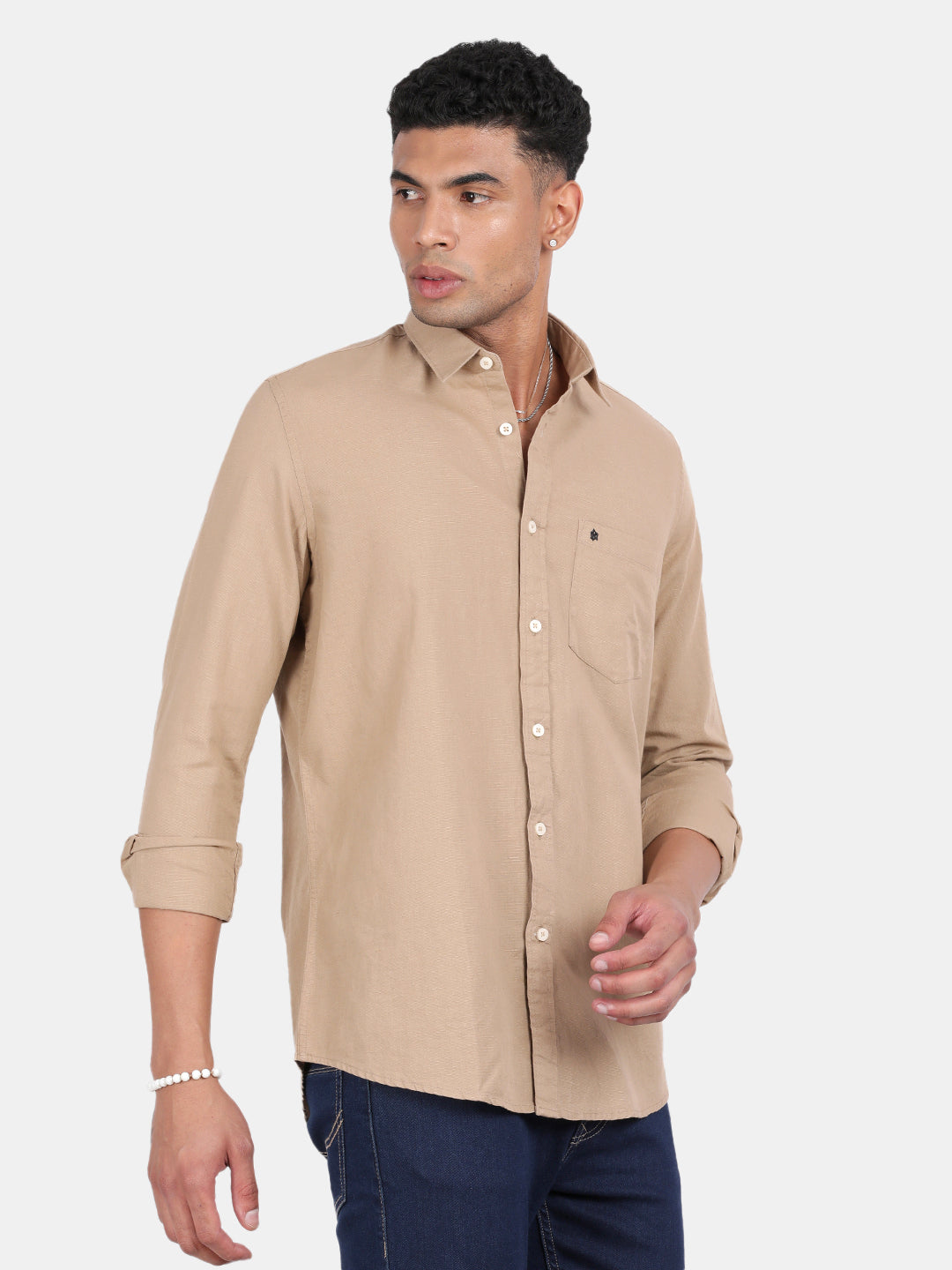 Men Khaki Slim Fit Spread Collar Full Sleeve Casual Shirt