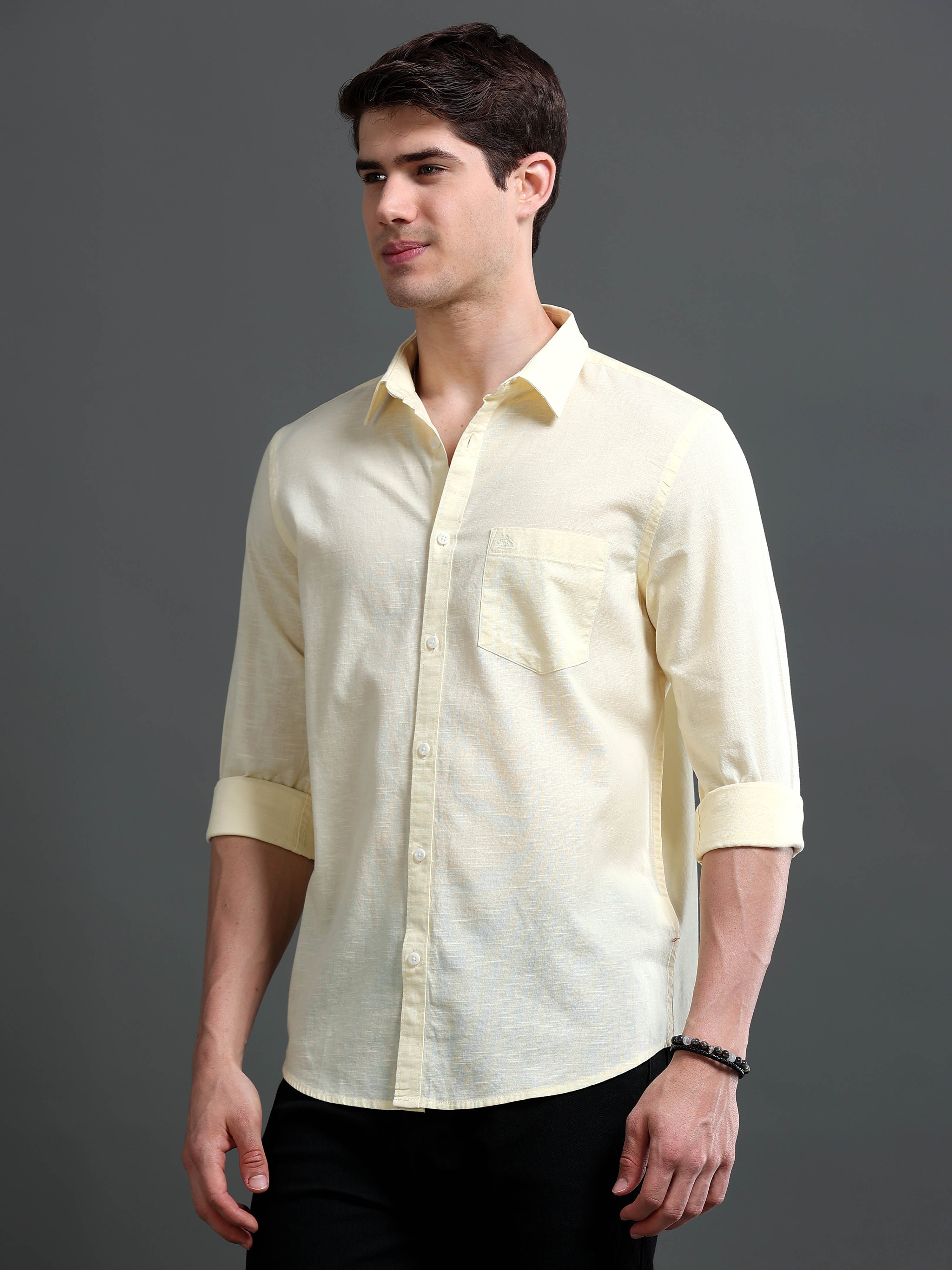 Men Yellow Slub Solid Shirt