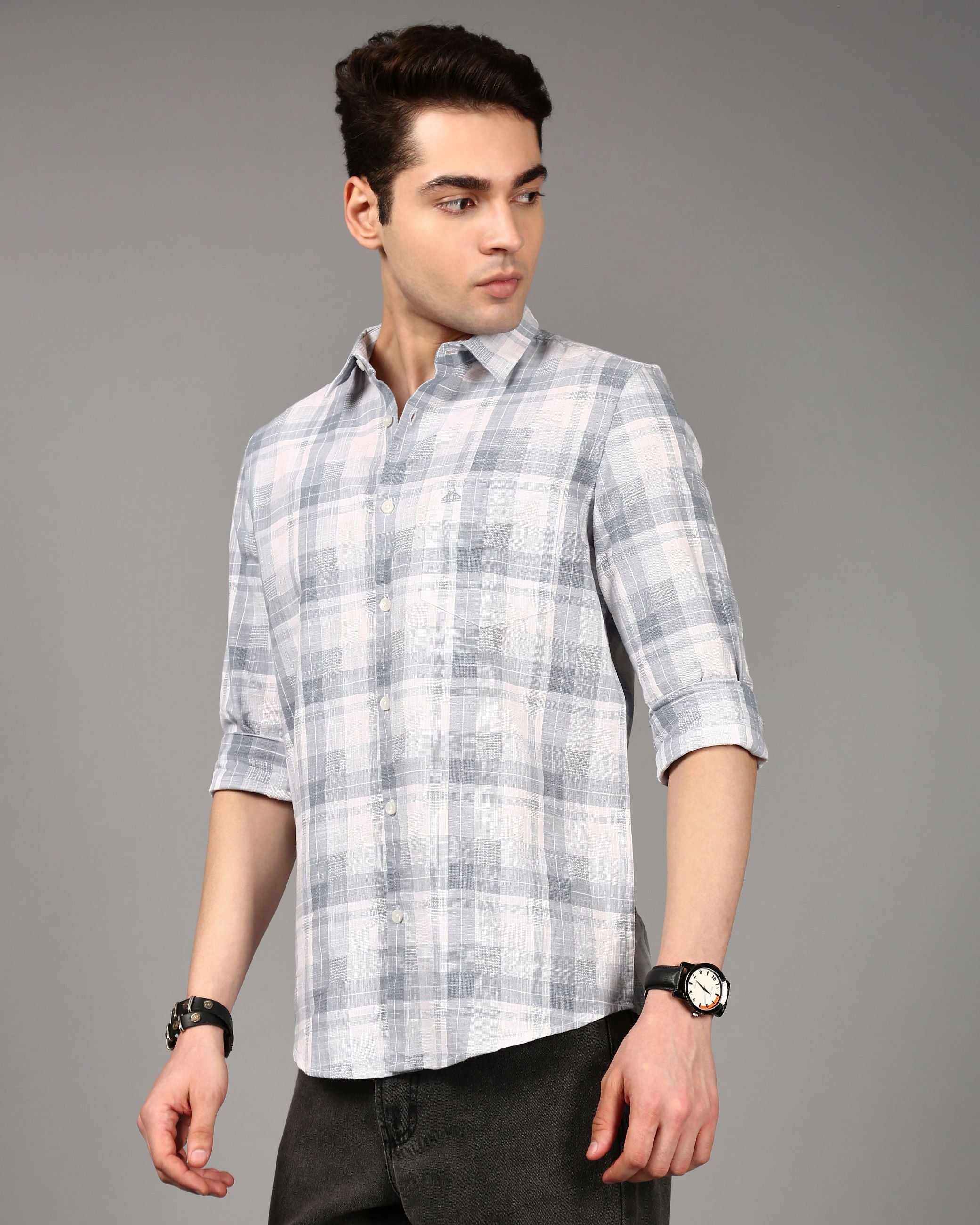 Men Grey Checked Shirt