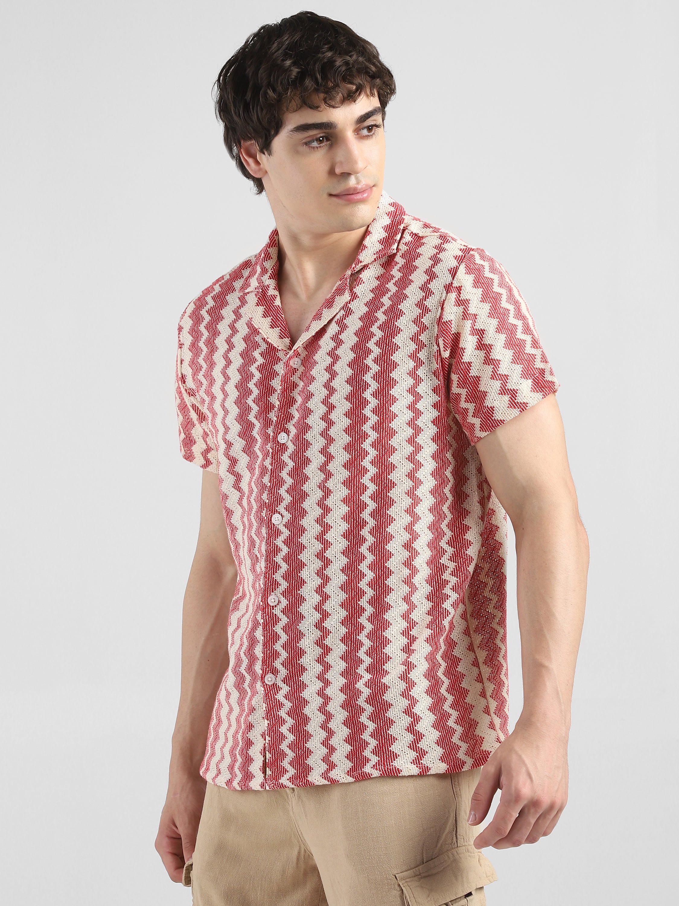 Men Lace See through Pink Casual Shirt