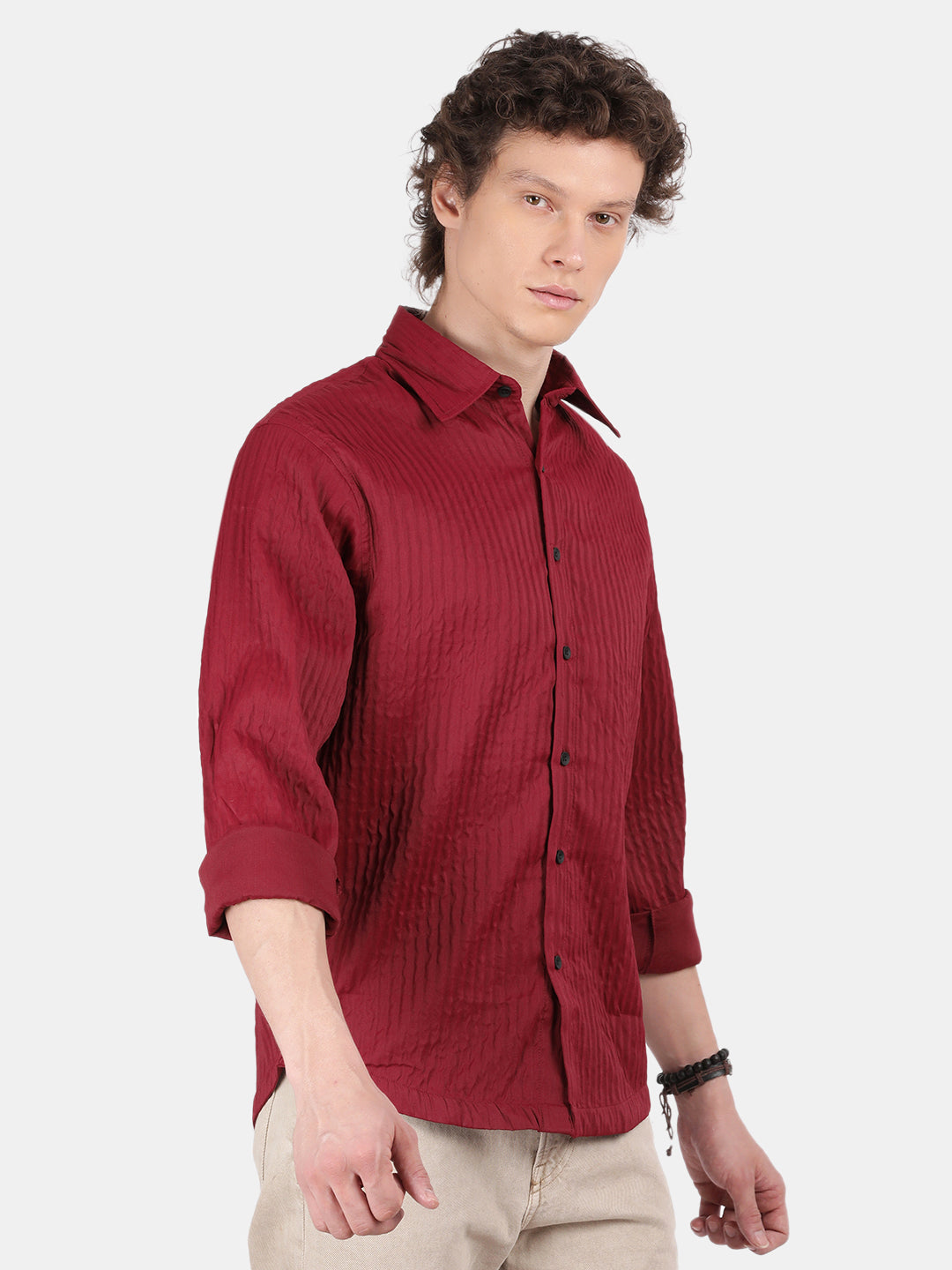 Men Maroon Slim Fit Spread Collar Full Sleeve Casual Shirt