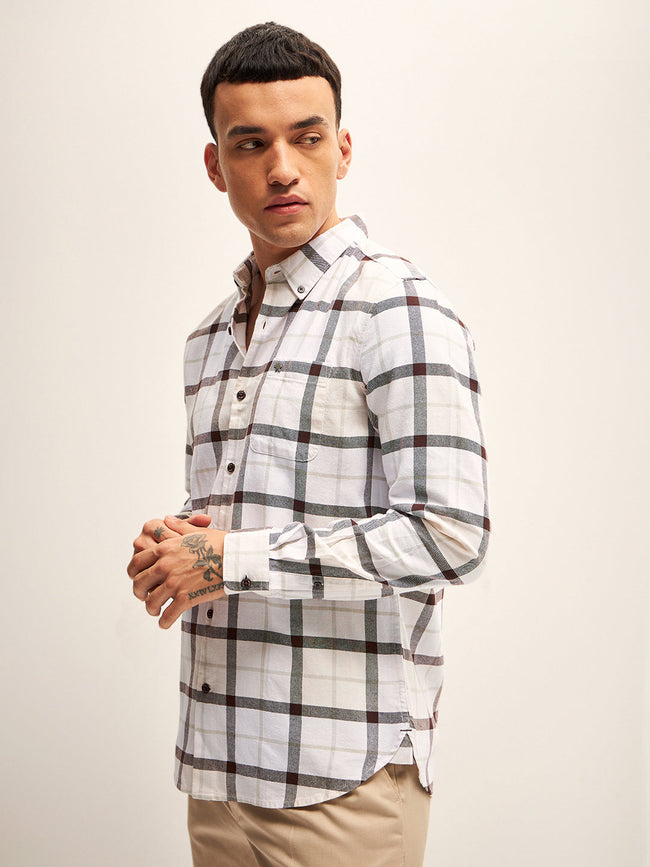 Men Beige Checked Slim Fit Casual Shirt