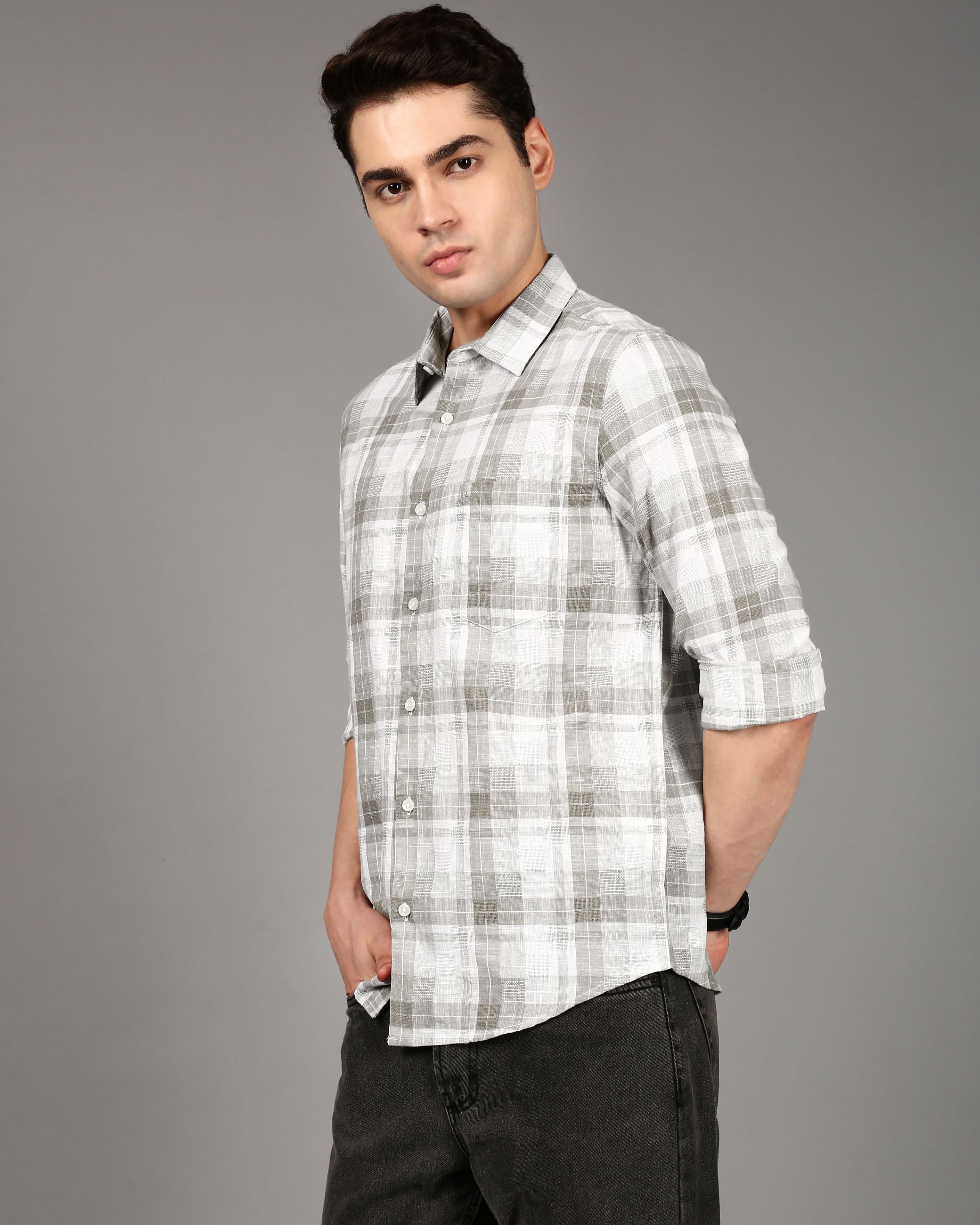 Men Grey Checked Shirt