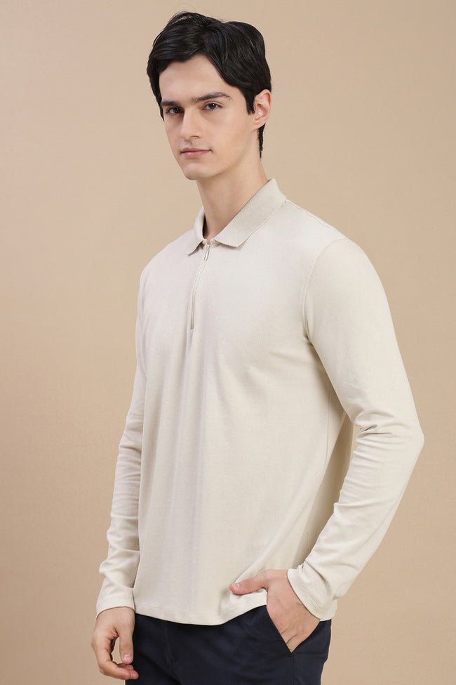 Men Beige Bonded Zipper Polo T-Shirt