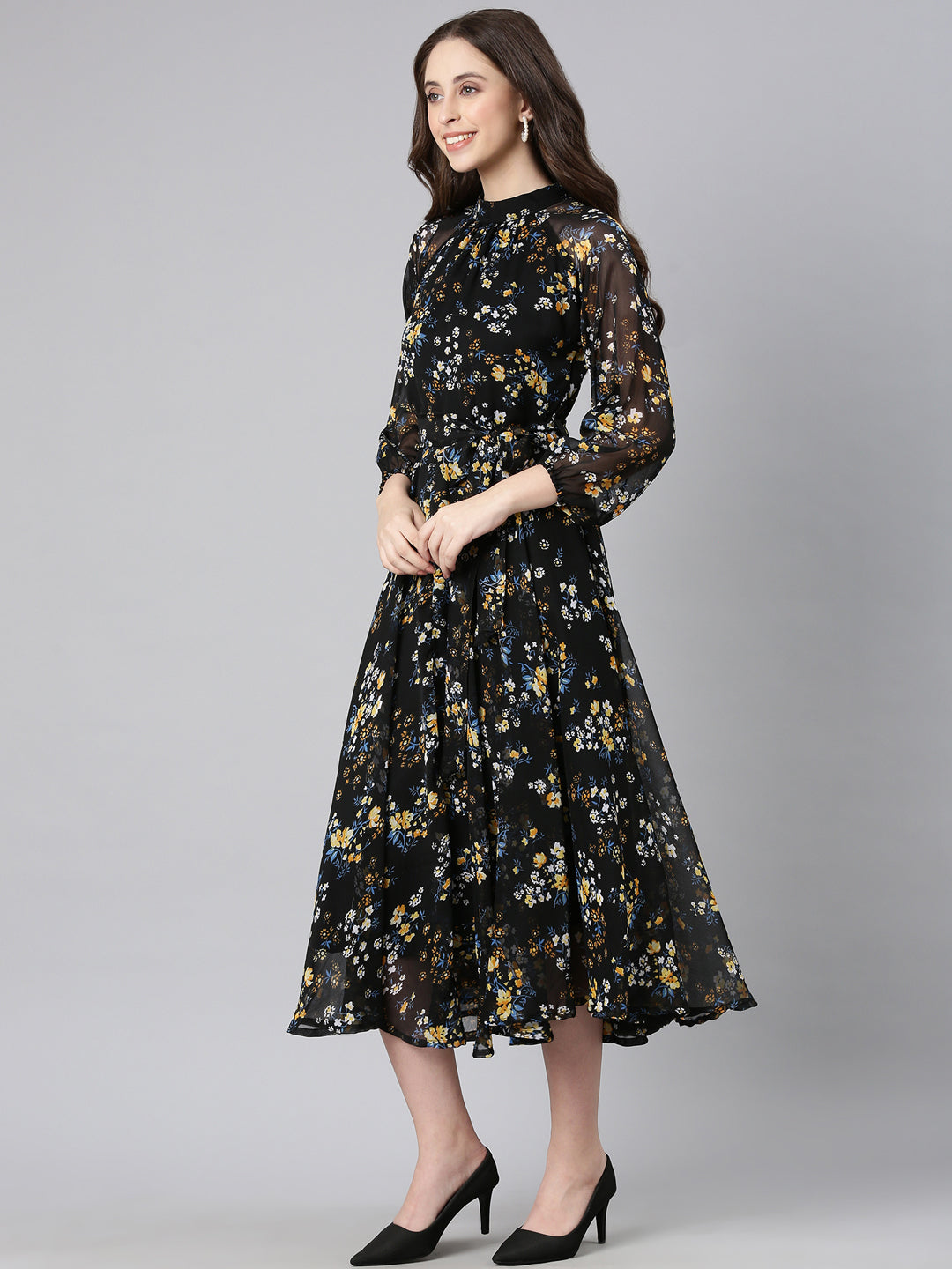 Women Black Floral Chiffon Dress
