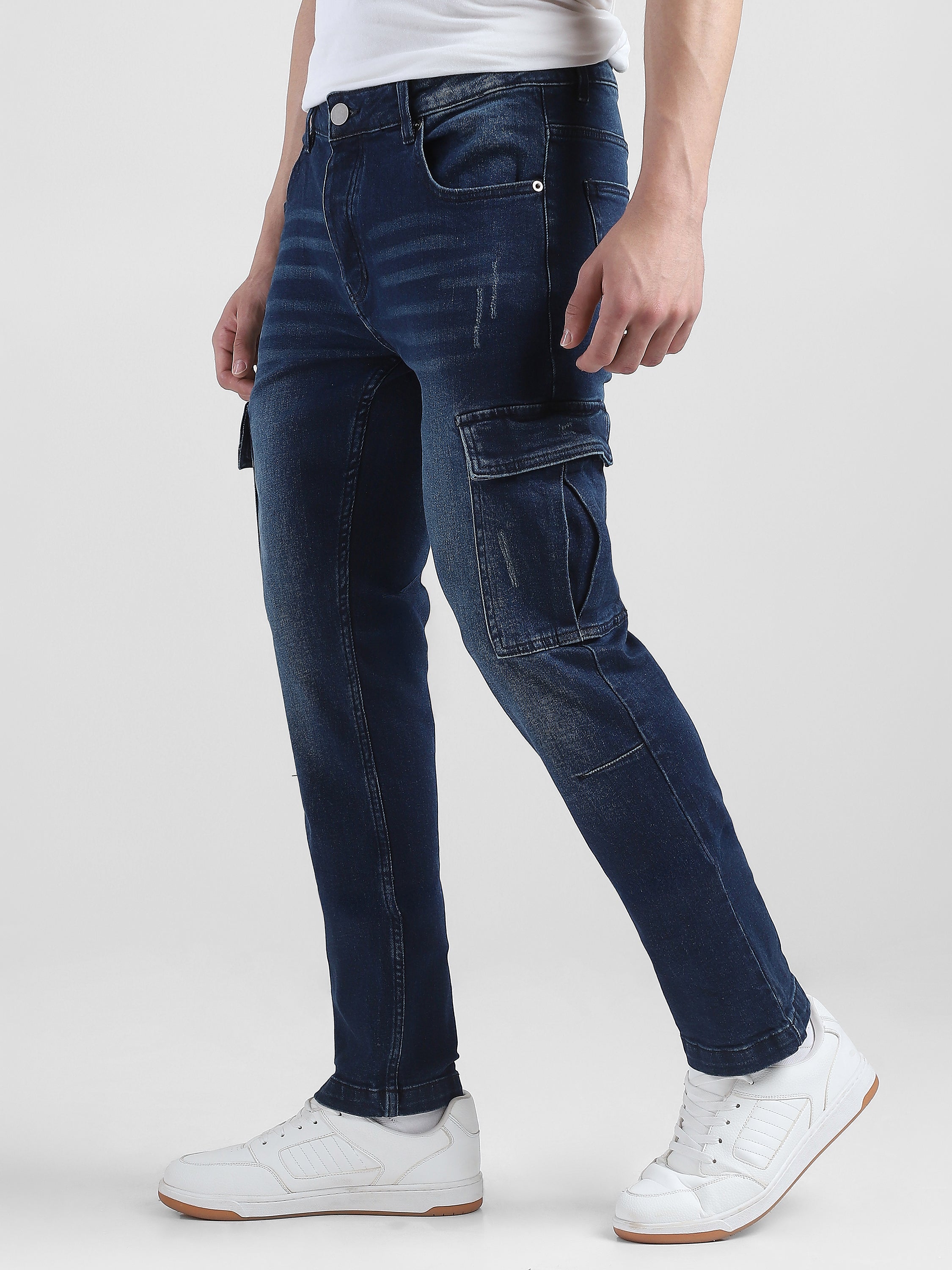 Men Navy Denim Mid Rise Cargo Pants
