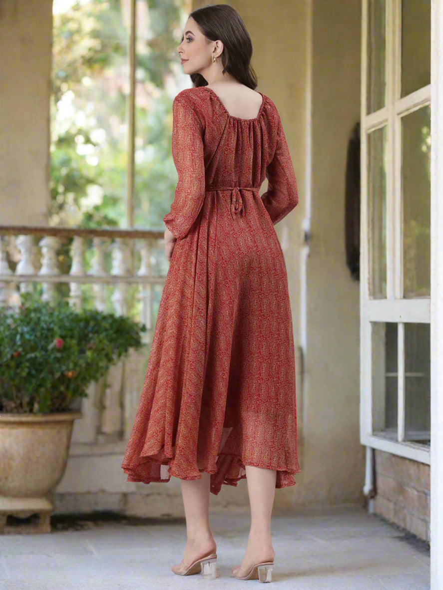 Women Red Printed Fit & Flare Dress