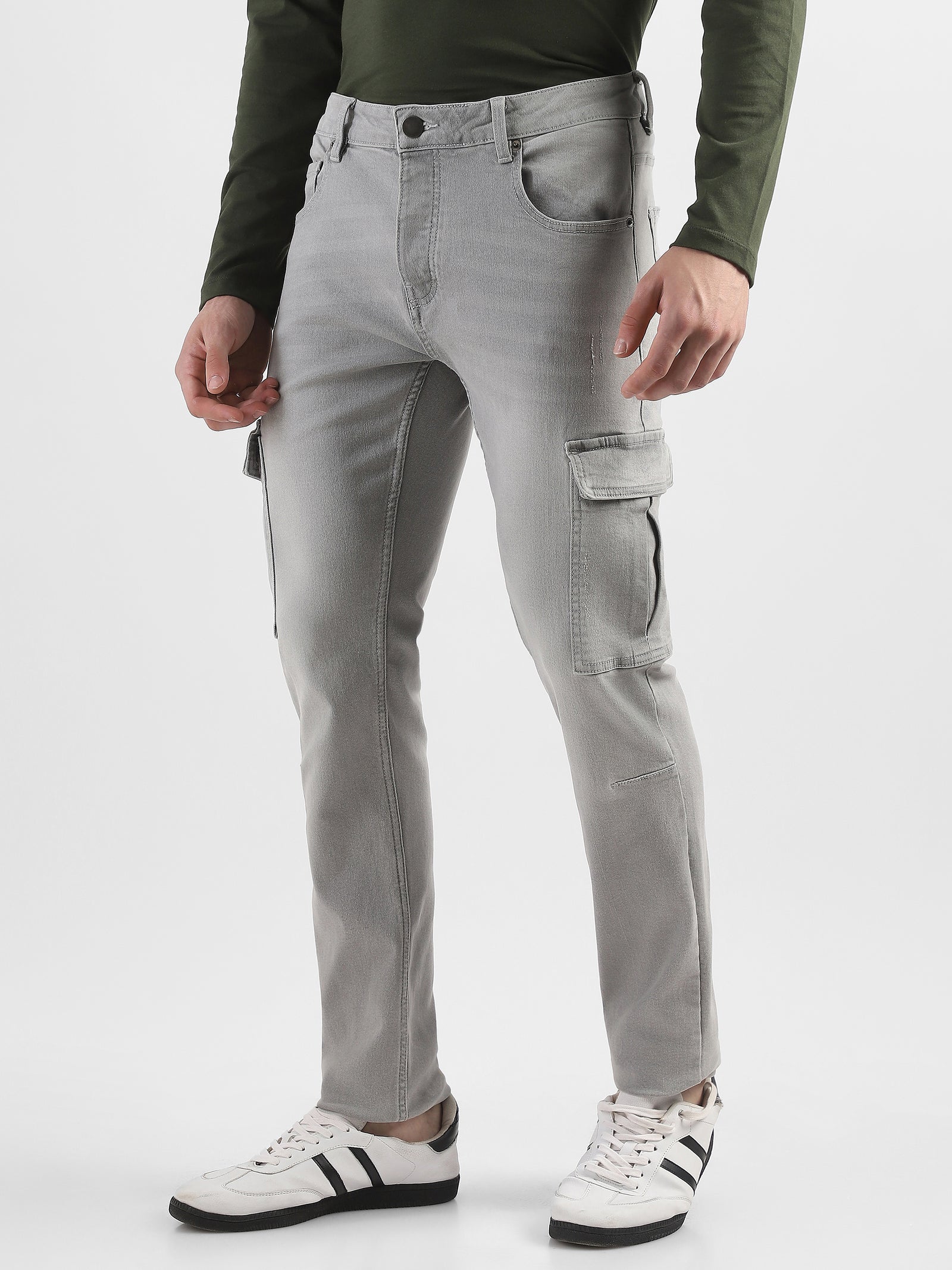 Men Grey Denim Mid Rise Cargo Pants