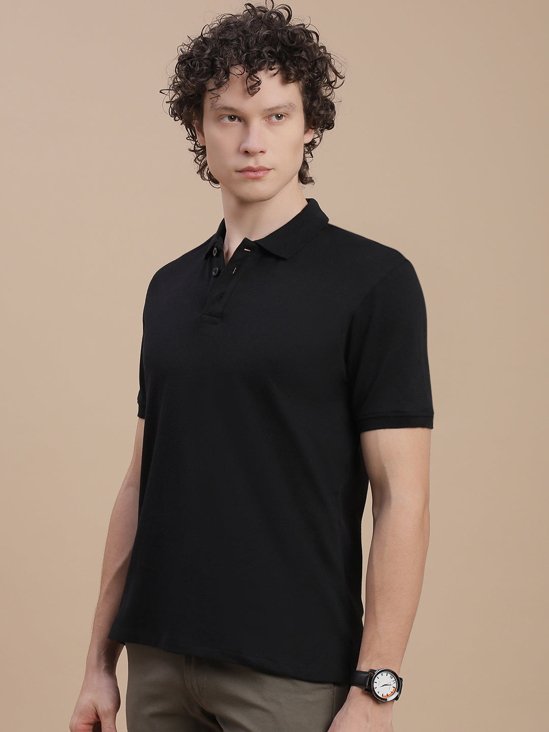 Men Black Johnny Collar T-Shirt