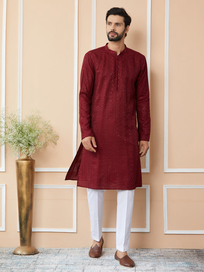 Men Dark Maroon Embroidered Thread Work Sequinned Chanderi Silk Straight Kurta