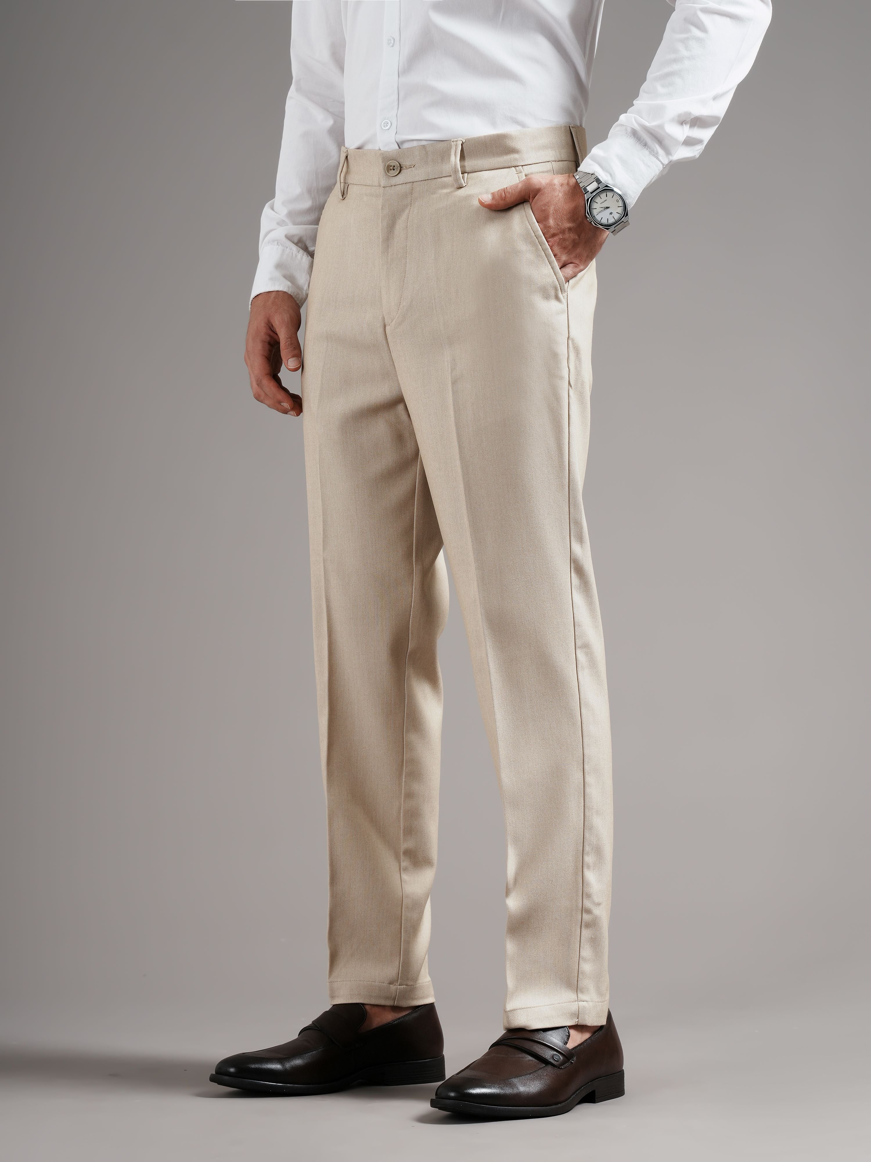 Men Beige Straight Fit Trousers