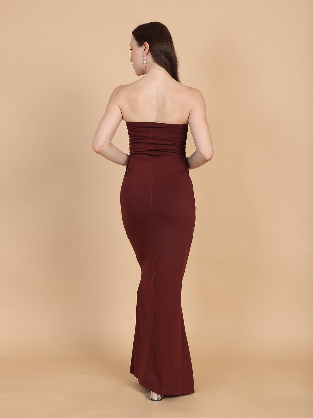 Women Brown Ruched Side Slit Tube Dress