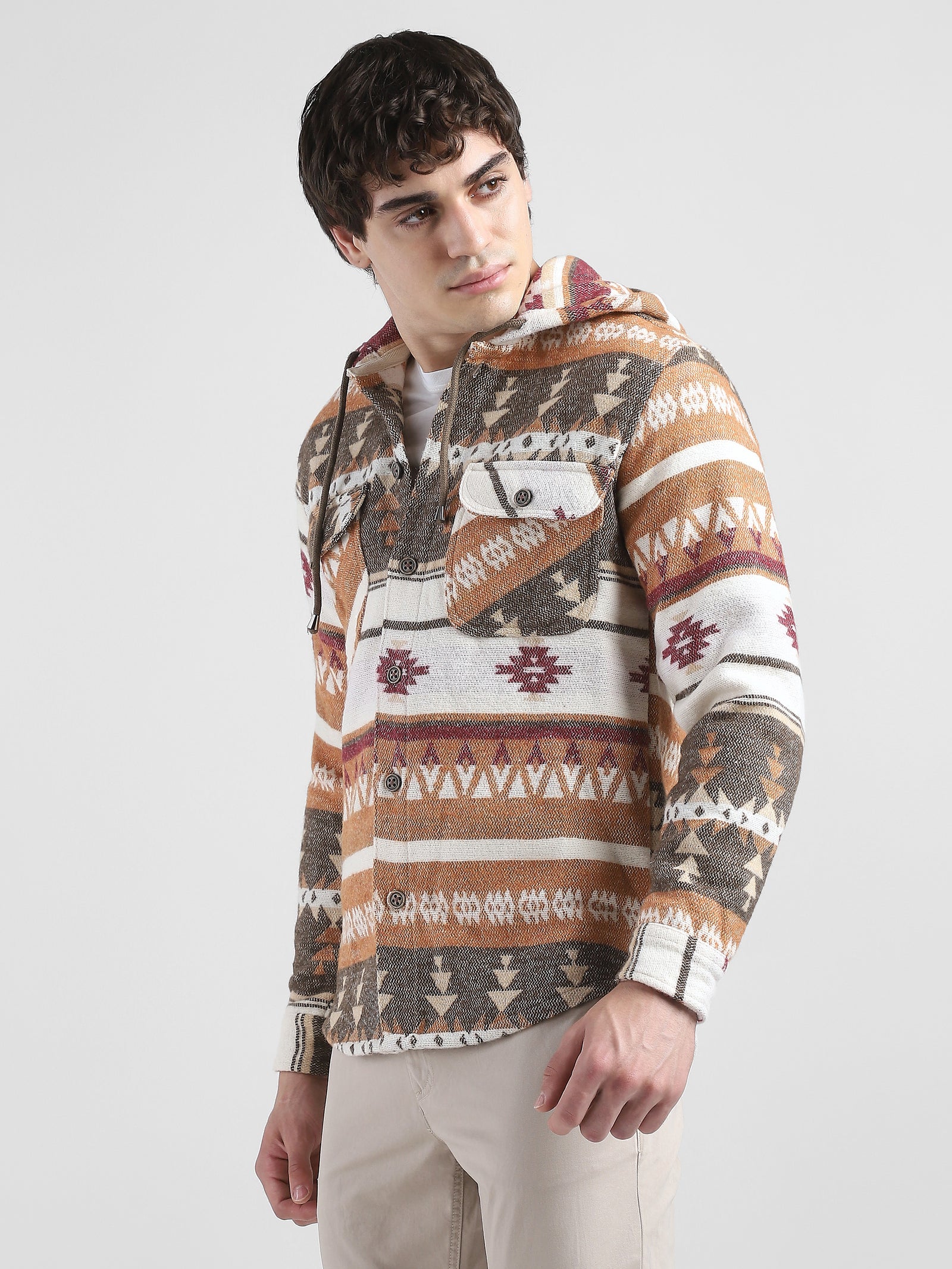 Men Orange Brown Comfort Fit Shacket