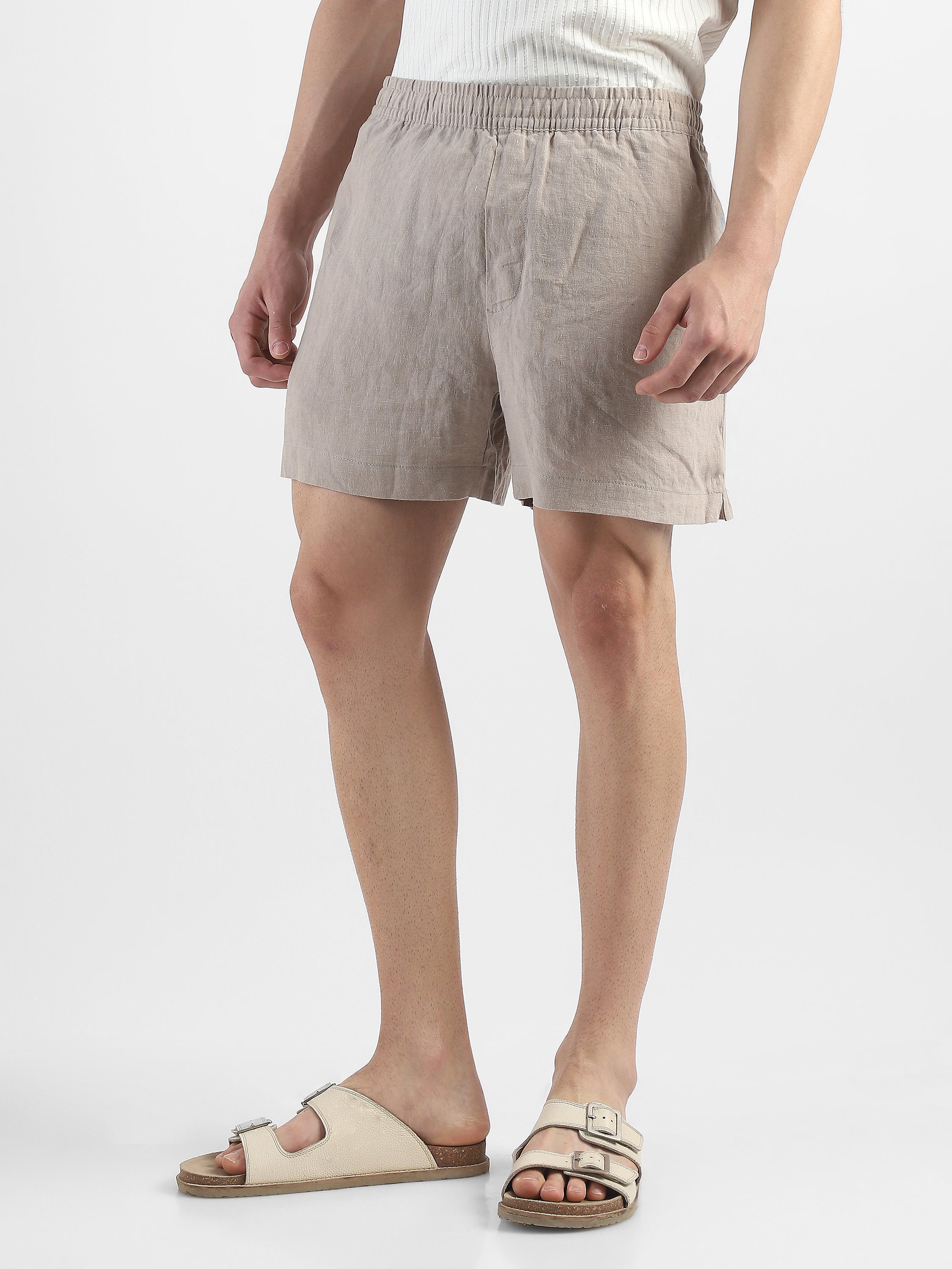 Men Beige Cotton Linen Shorts