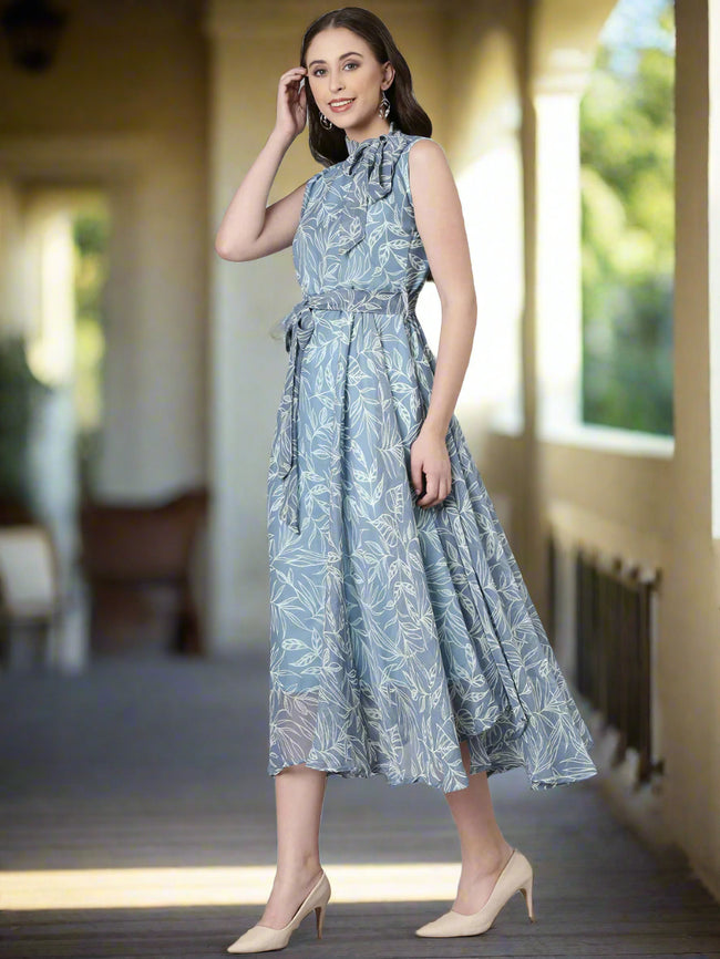 Women Grey Floral Chiffon Maxi Dress