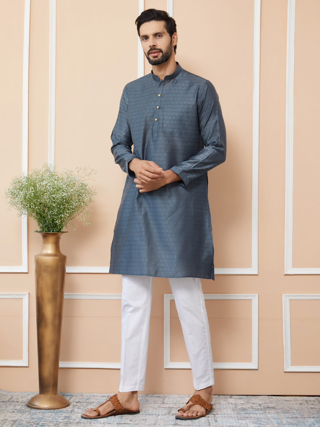 Men Charcoal Ethnic Motifs Silk Jacquard Straight Kurta