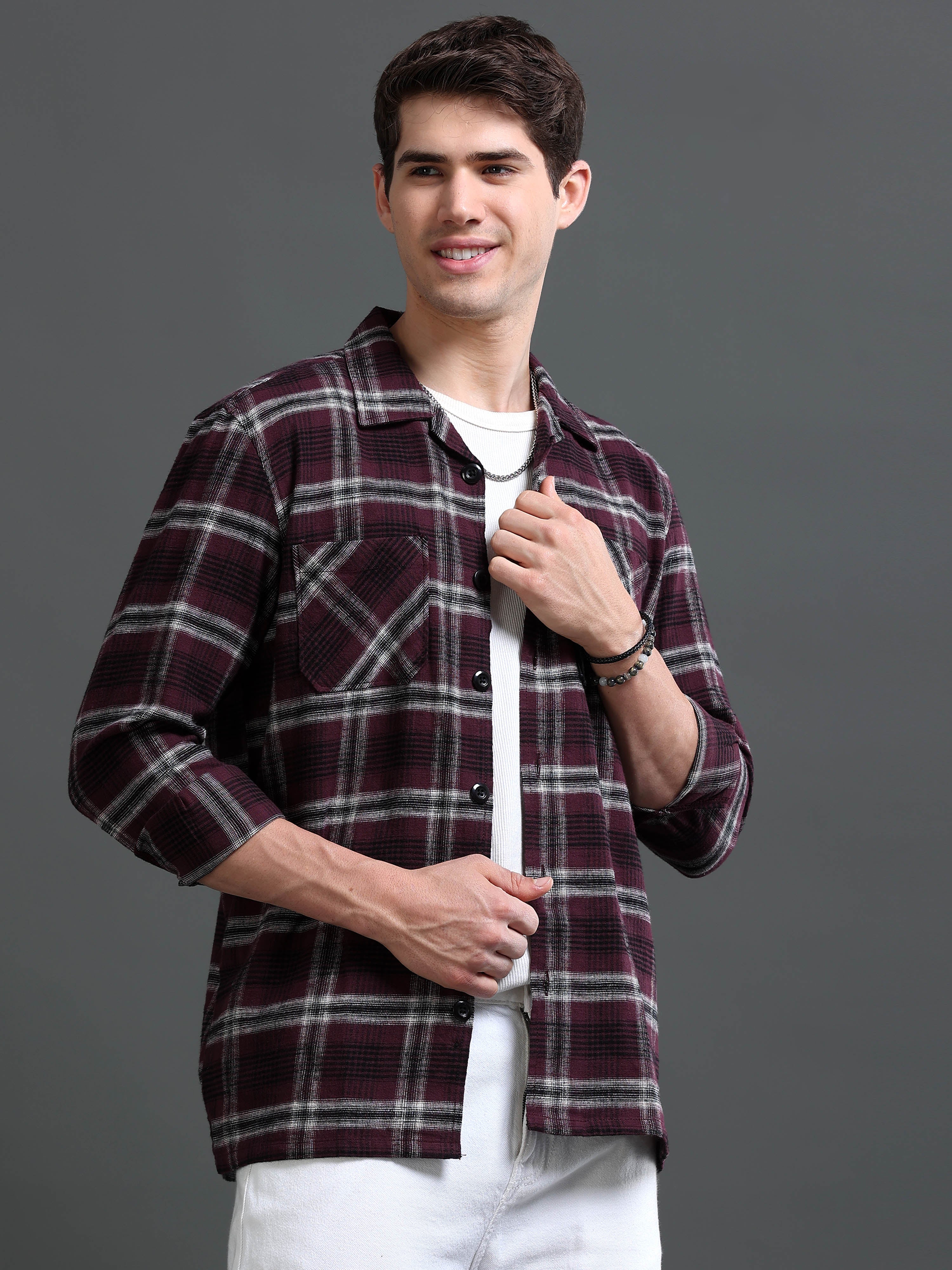 Men Burgundy Flannel Checked Shirt