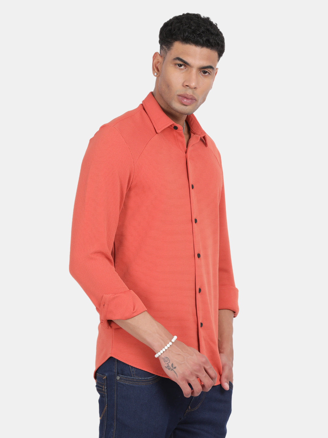 Men Peach Slim Fit Spread Collar Full Sleeve Casual Shirt
