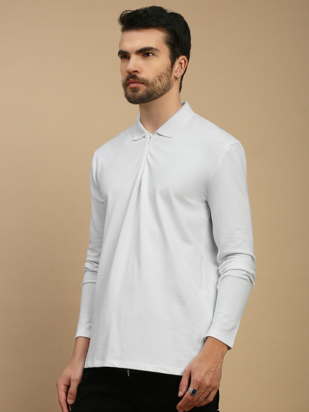 Men White Bonded Zipper Polo T-Shirt