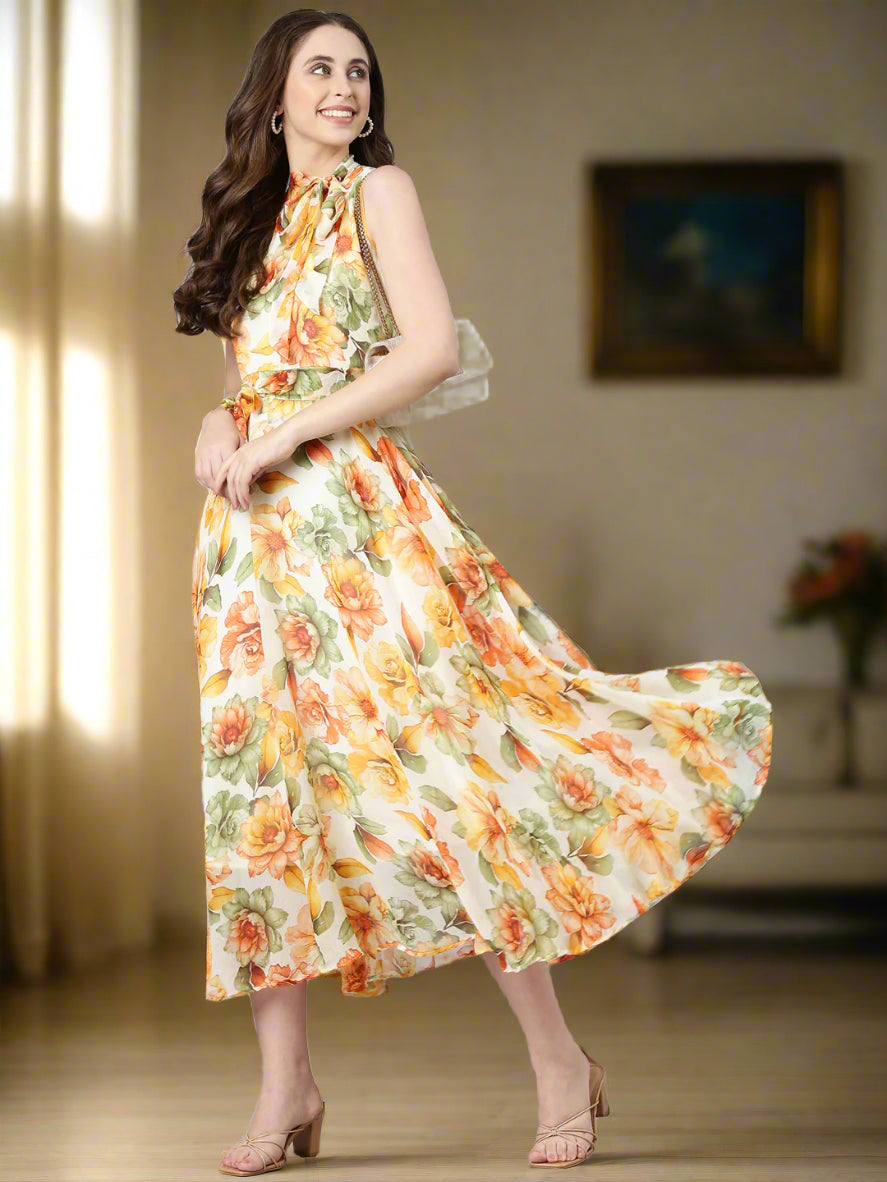 Women Floral Woven Maxi Chiffon Dress