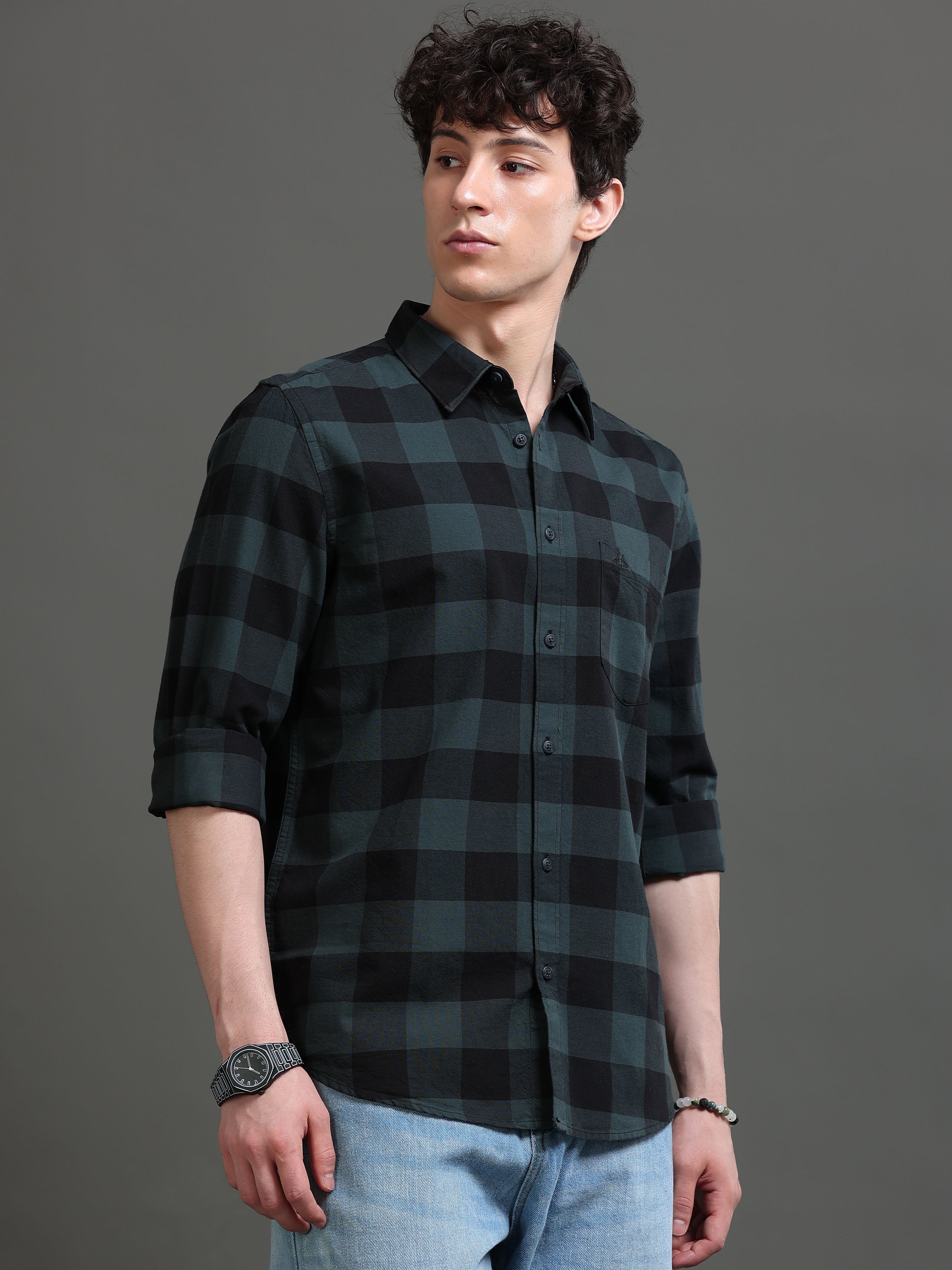 Men Green Checked Shirt