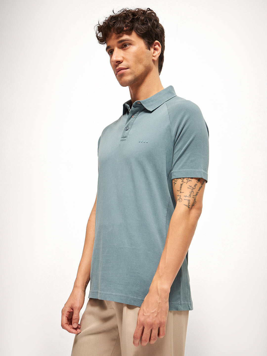 Men Teal Blue Solid Regular Fit Polo Collar T-shirt