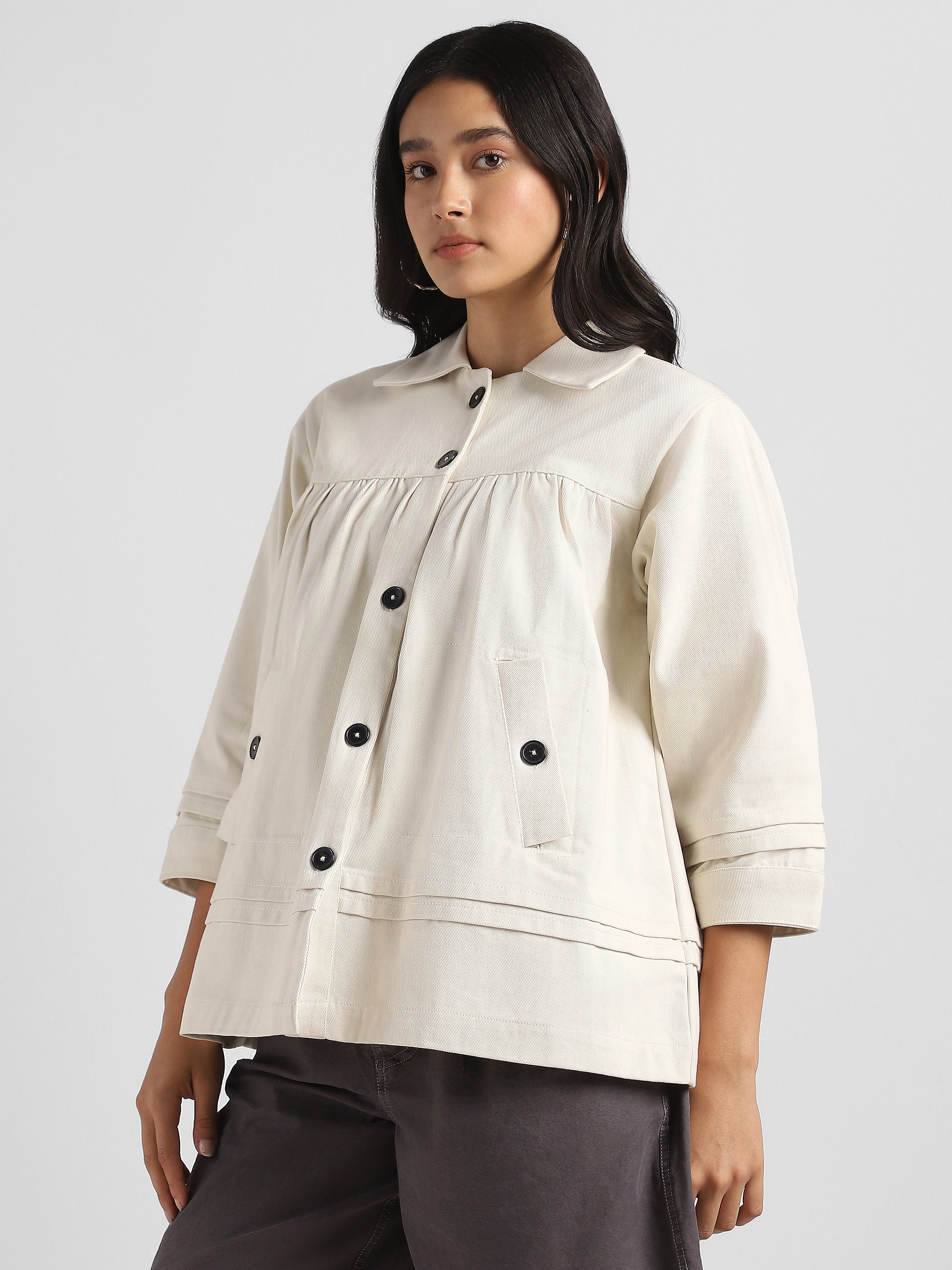 Women Beige Pleated Relaxed Jacket