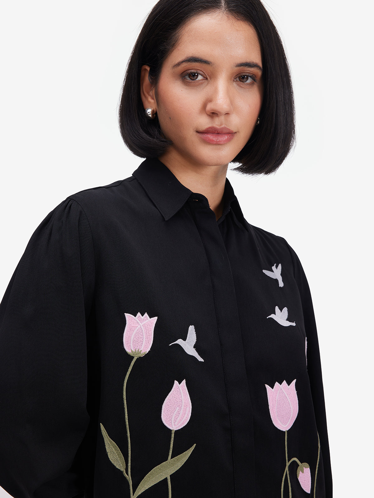 Women Black Luxe Floral Embroidered Shirt