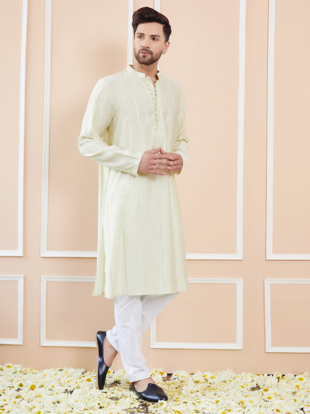Men Cream And Gold Chanderi Silk Sequins Kurta