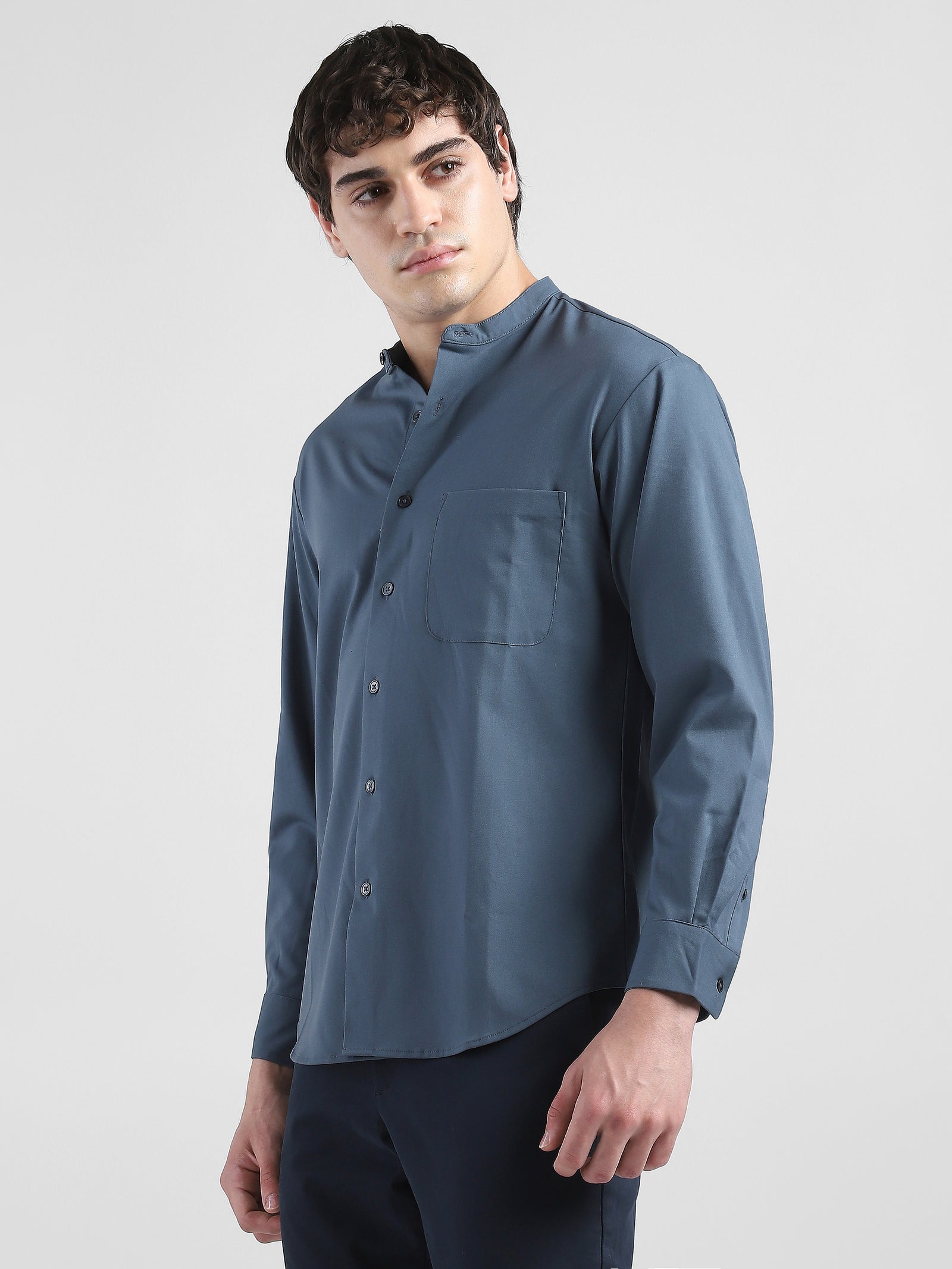 Men Grey Mandarin Collar Regular Fit Shirt