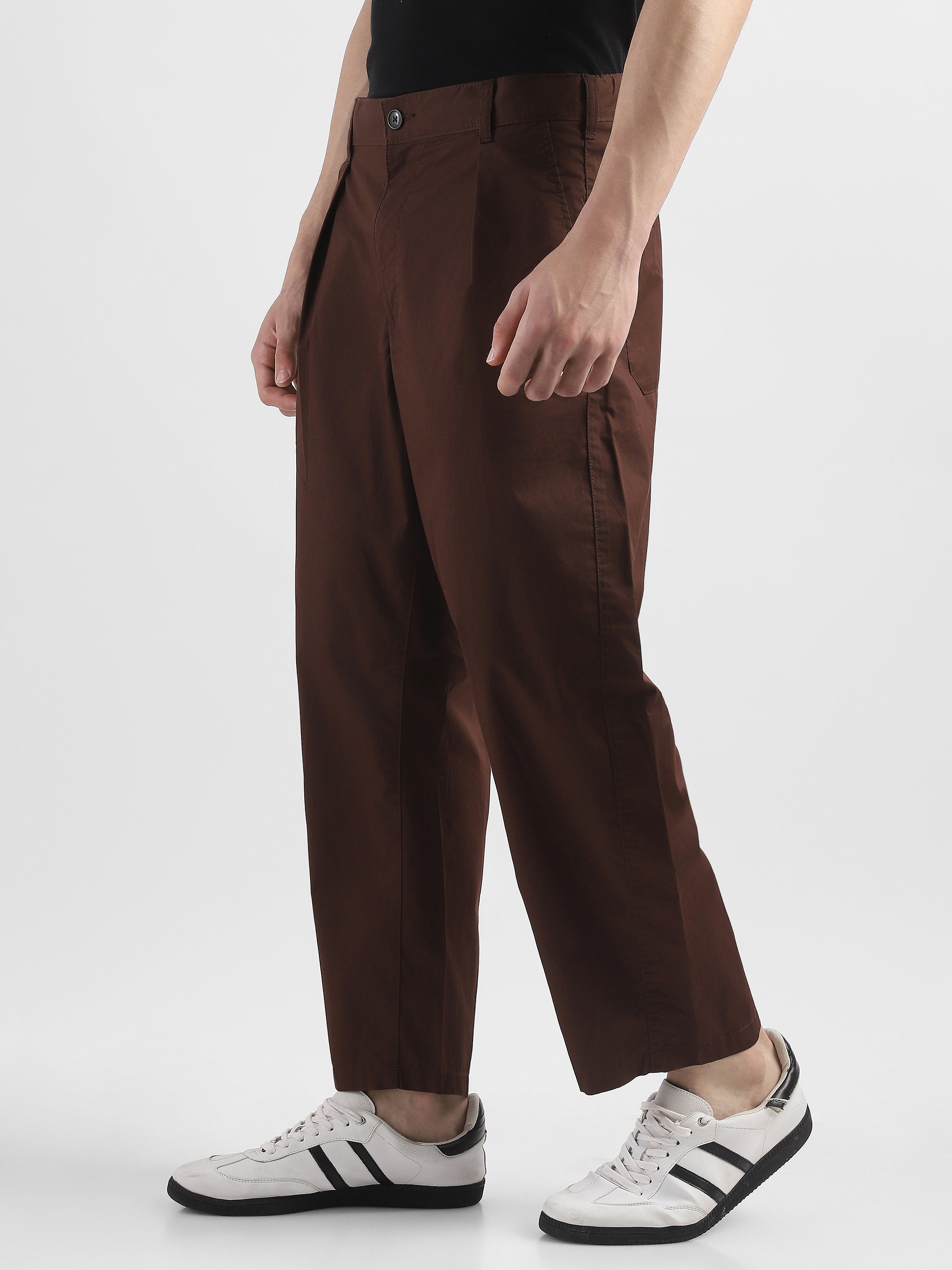 Men Brown Pleated Mid Rise Comfort Fit Trousers