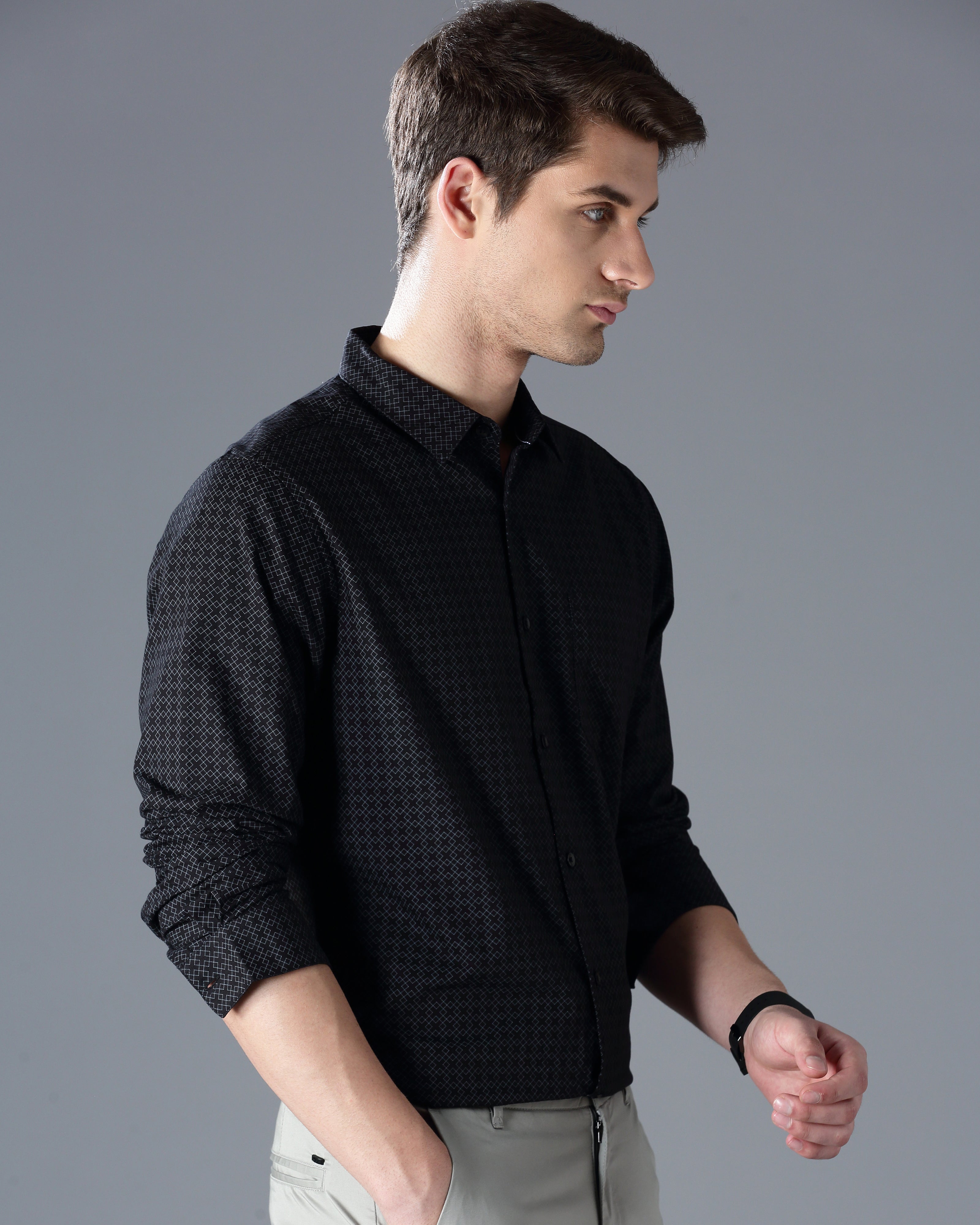 Men Black Cotton Slim Shirt