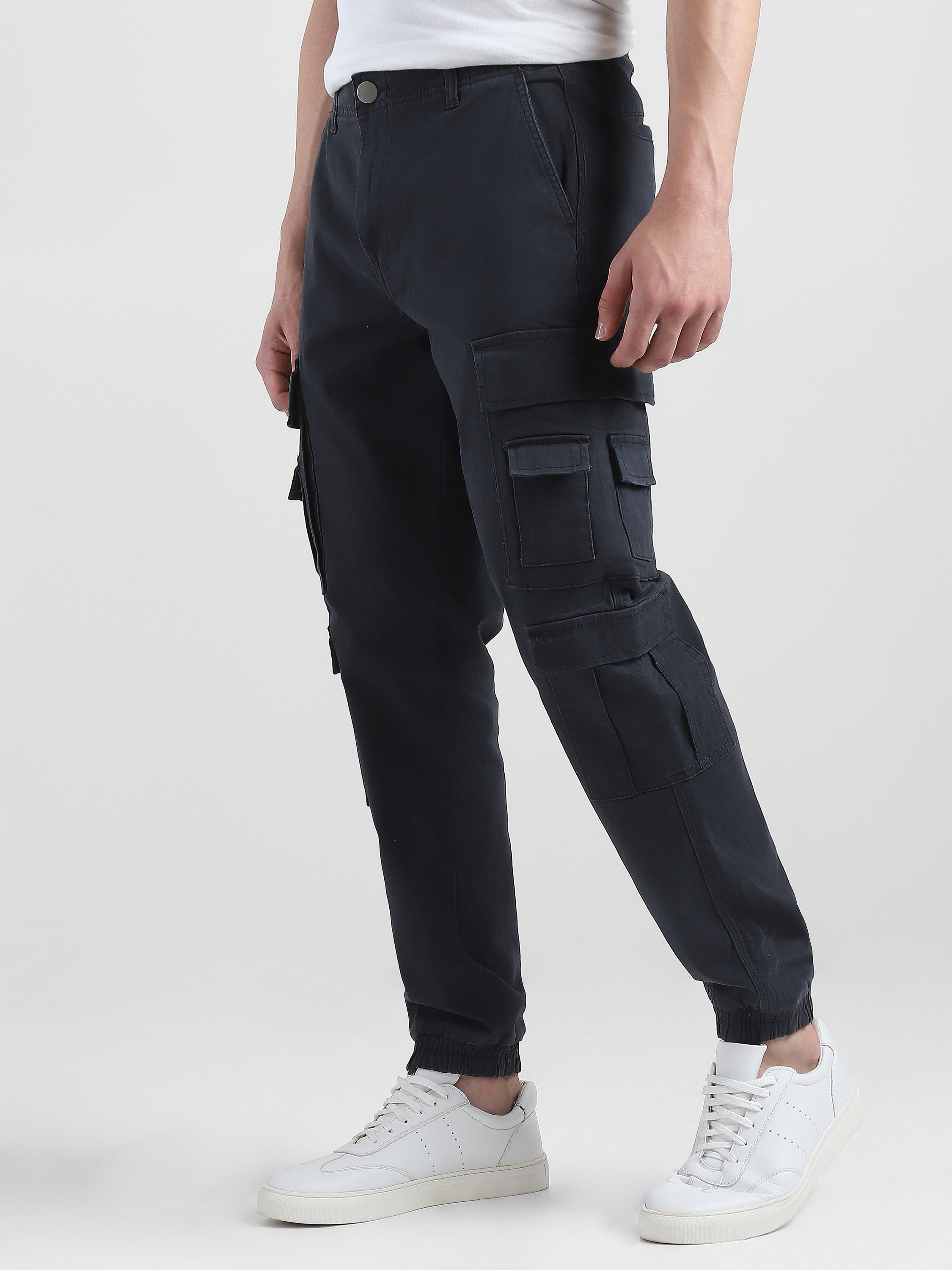 Men Navy Cotton Blend Cargo Pants with 12 pockets