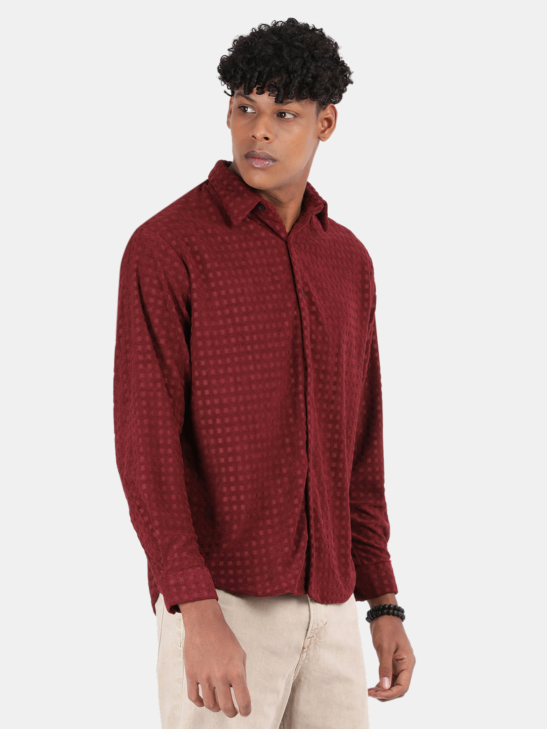 Men Maroon Slim Fit Spread Collar Full Sleeve Casual Shirt