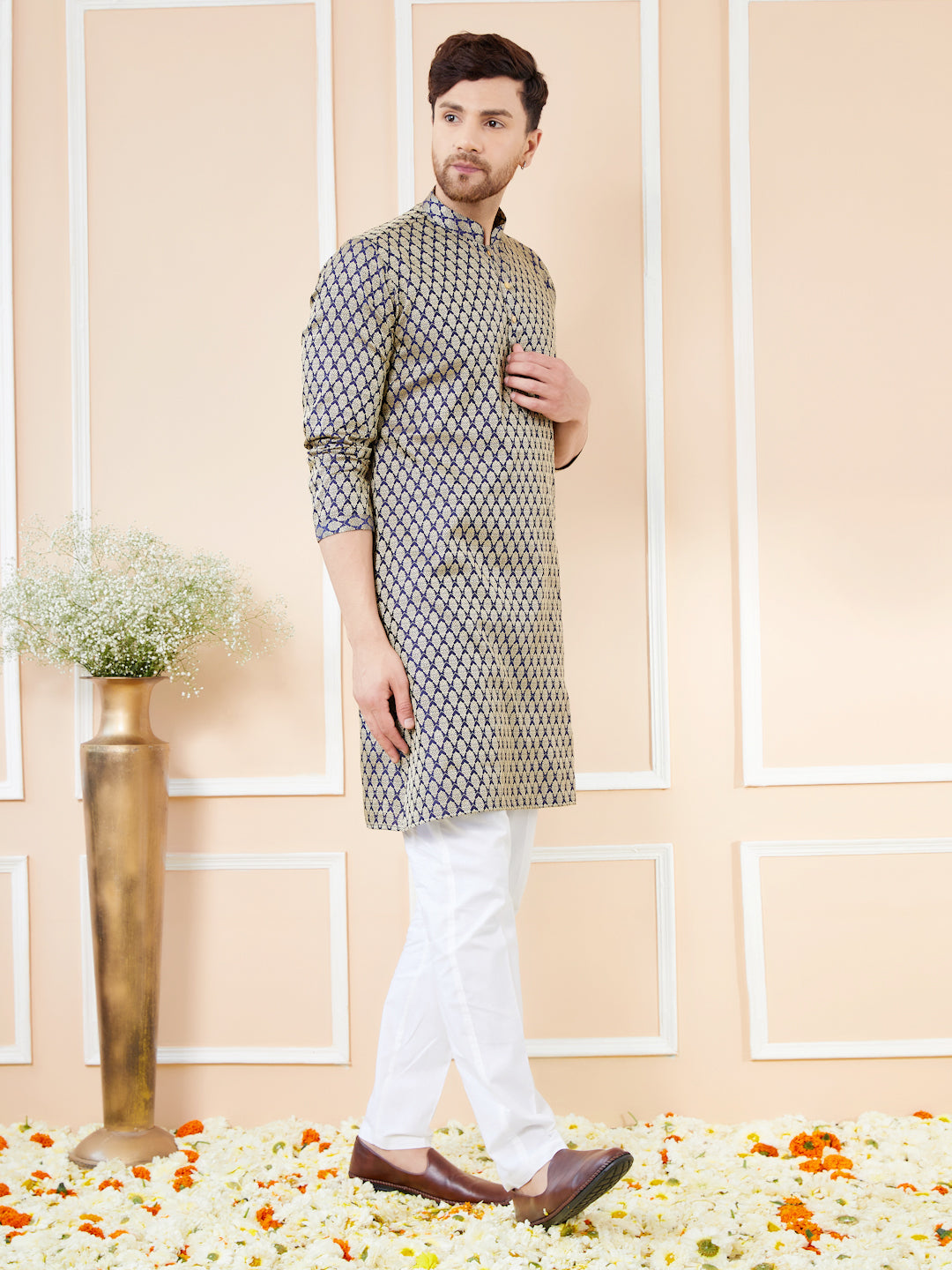Men Navy Blue Silk Jacquard Woven Design Kurta