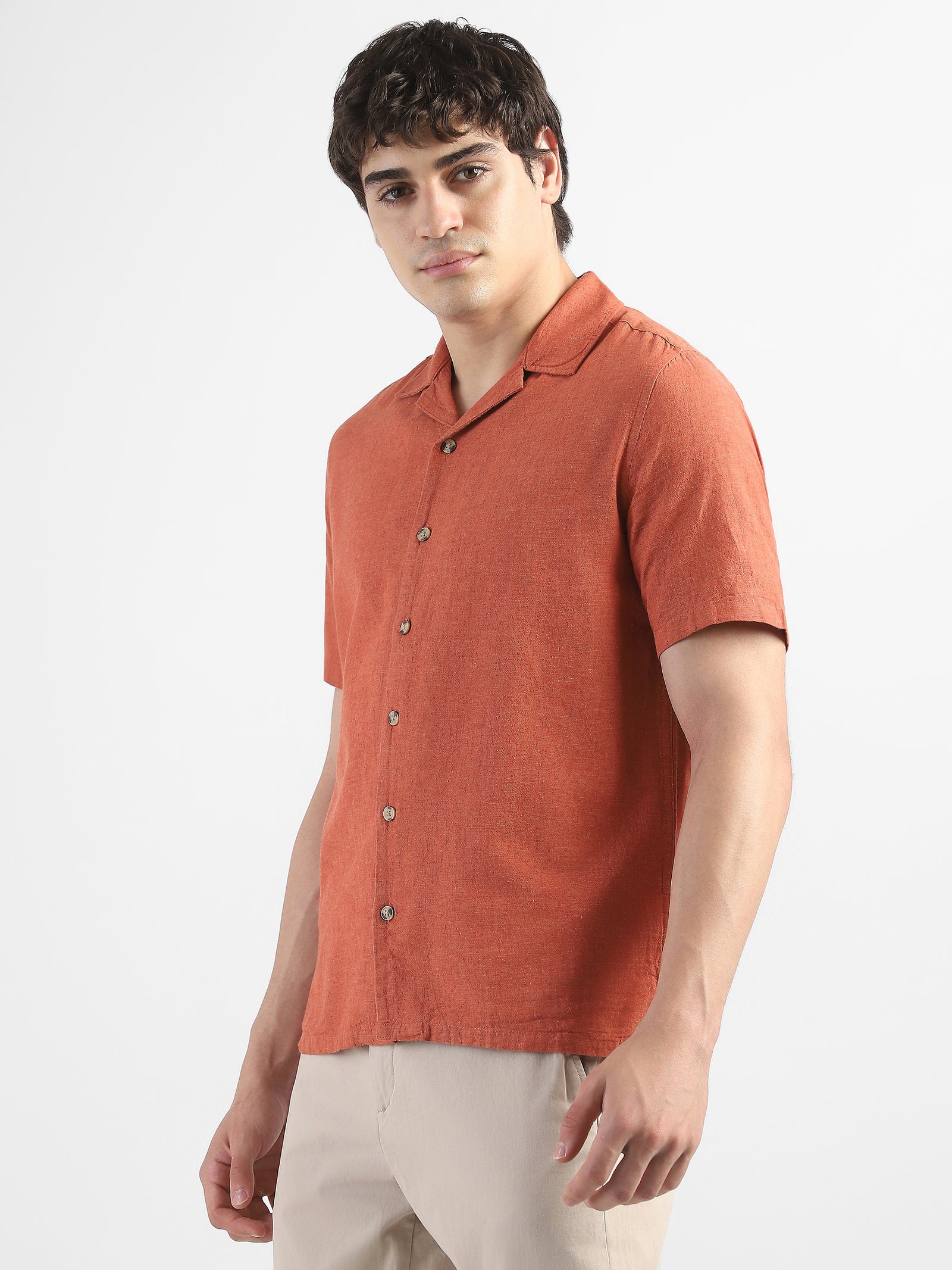 Men Orange Spread Collar Cotton Blend Shirt