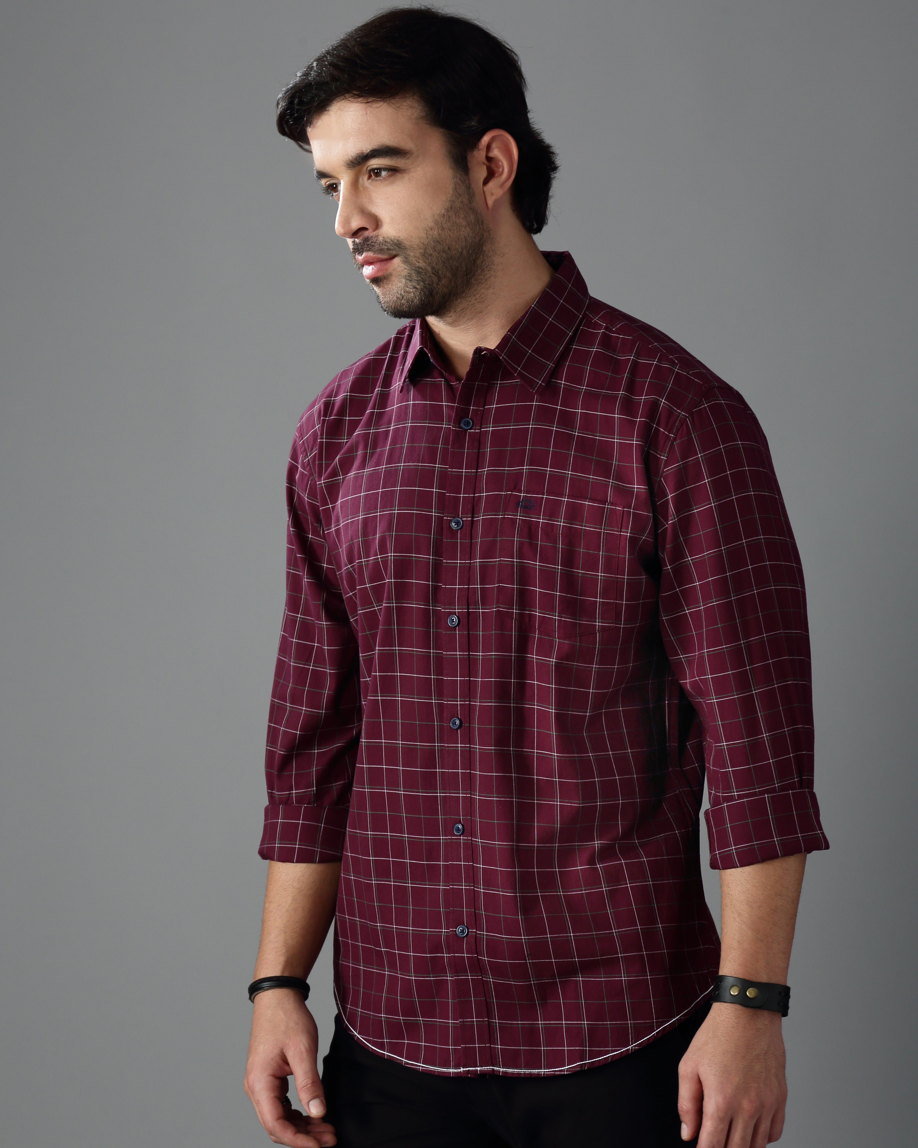 Men Burgundy Twill Checked Shirt