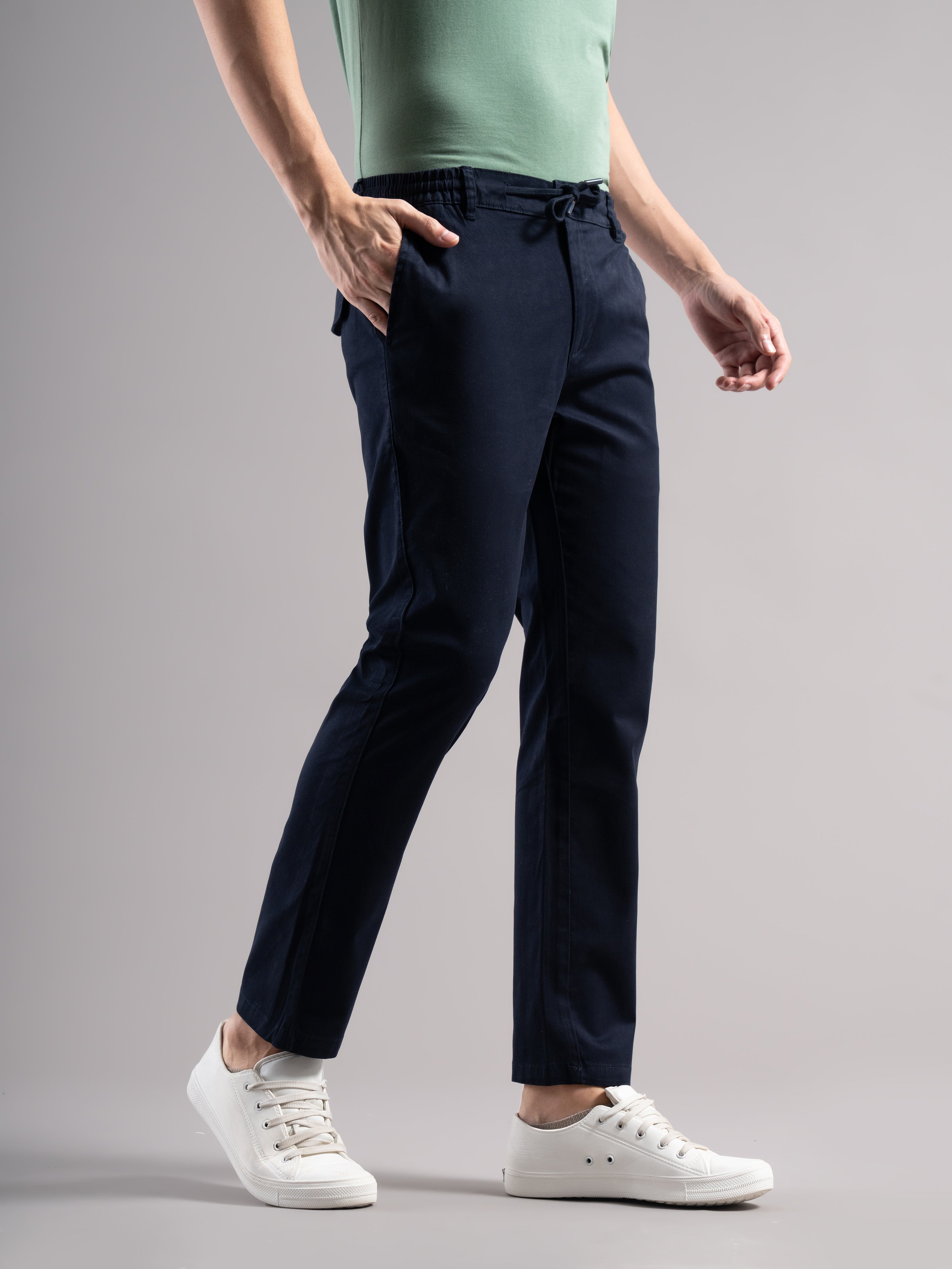 Men Blue Elastic Drawstring Trousers