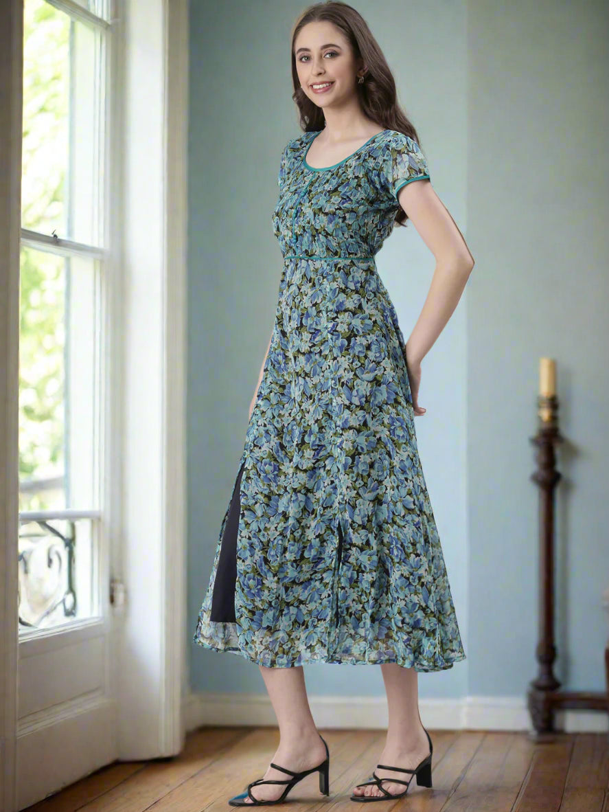 Women Blue Floral Printed Fit & Flare Dress