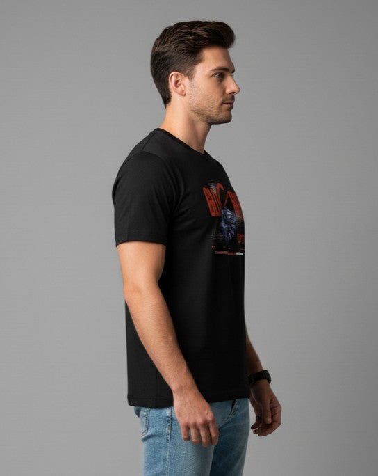 Men Printed Black Cotton Tshirt