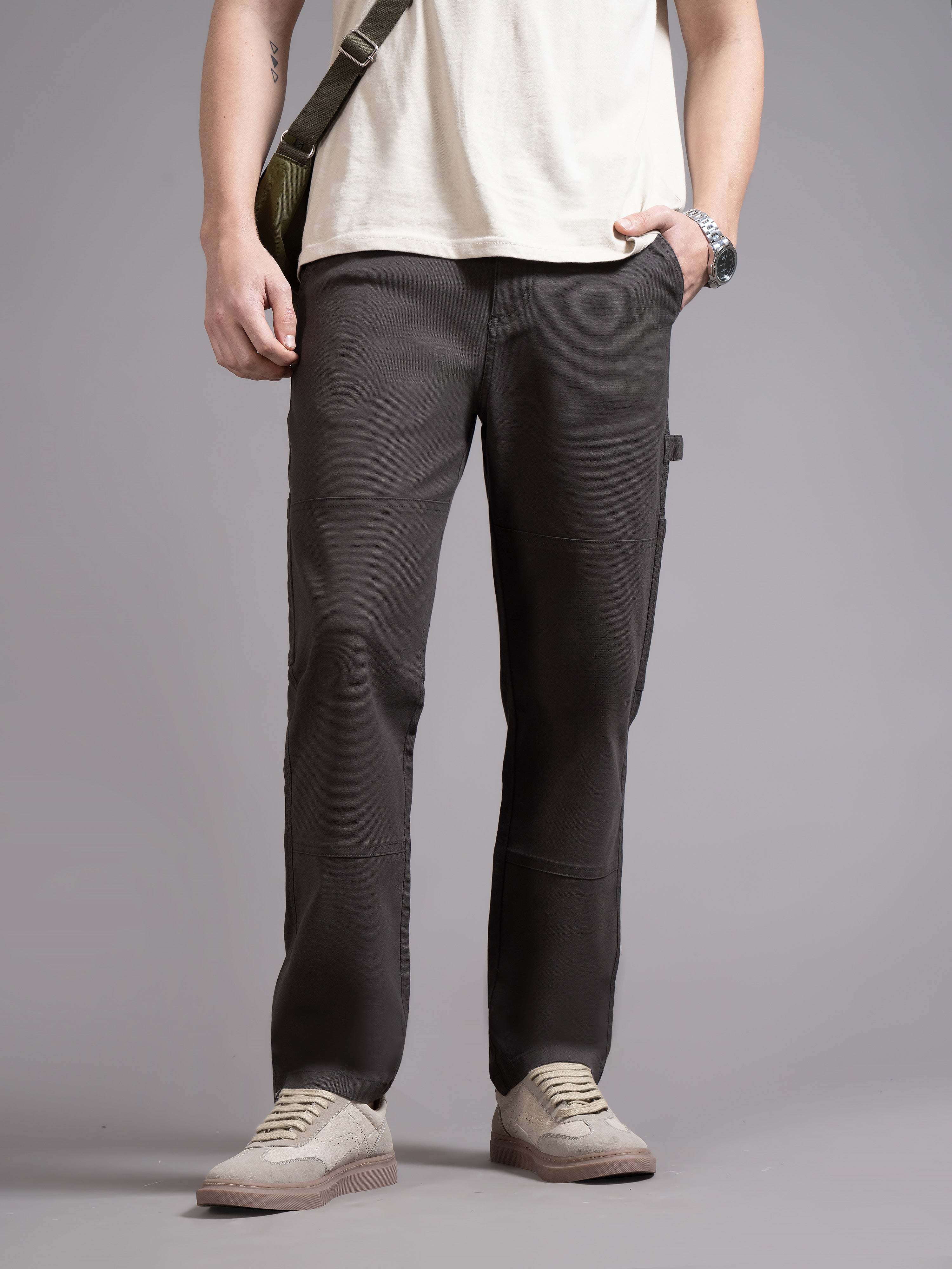 Men Charcoal Straight Fit Cargo Trouser