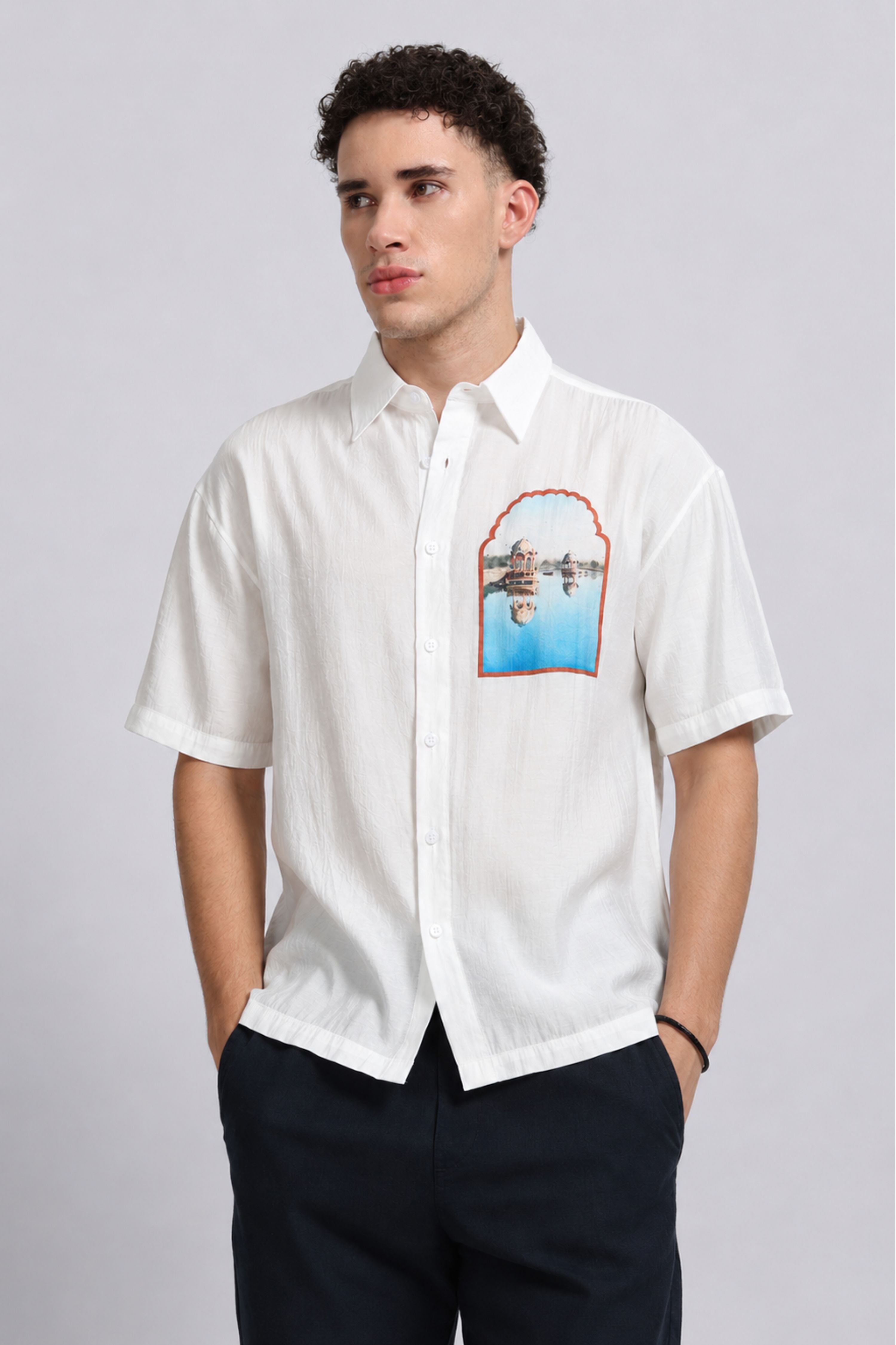 Men Blue Oversized Print Shirt
