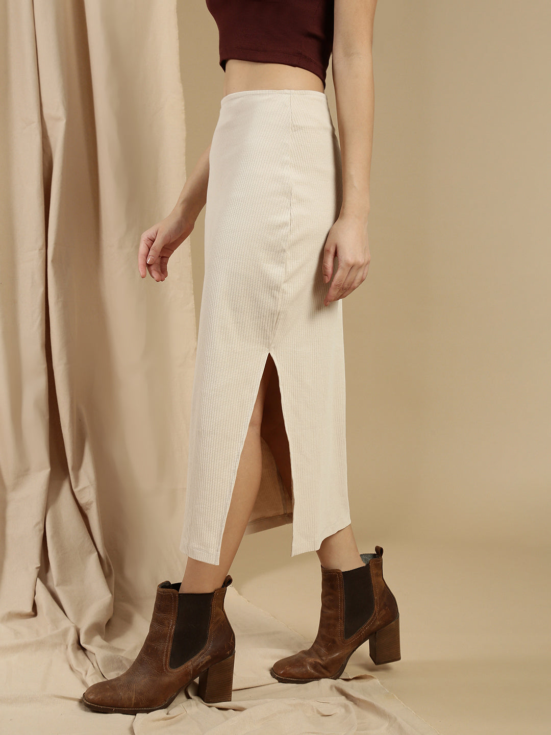 Women Beige Cotton Lycra Skirt