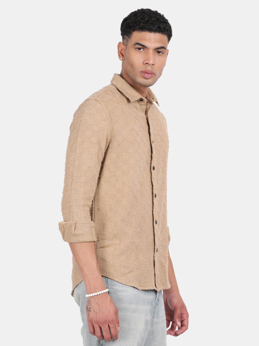 Men Brown Slim Fit Spread Collar Full Sleeve Casual Shirt